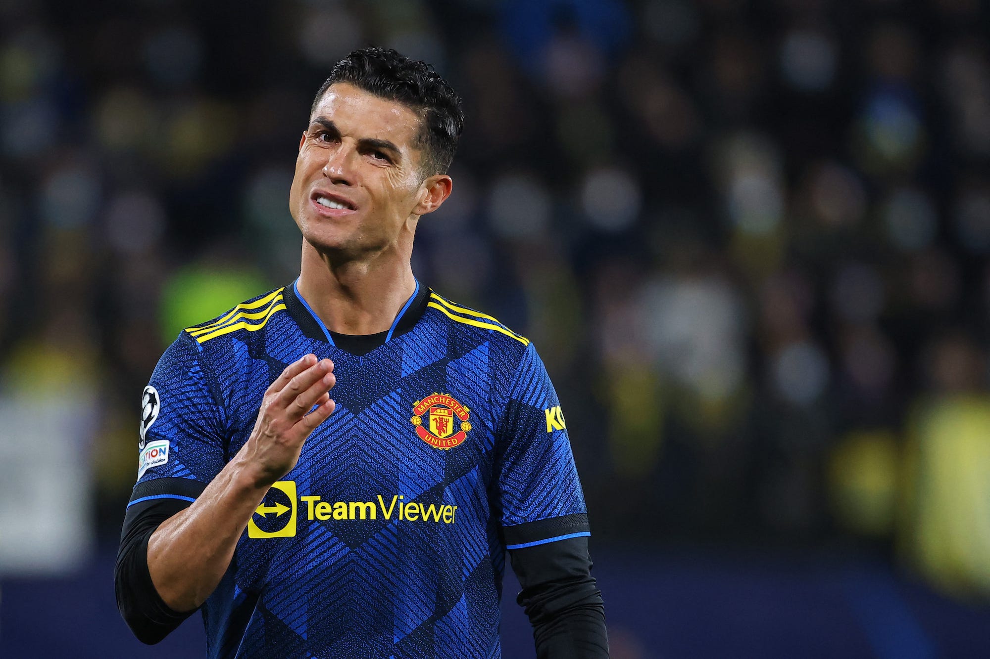 Manchester United's Portuguese forward Cristiano Ronaldo reacts during the UEFA Champions League Group F football match between Villarreal CF and Manchester United, at La Ceramica stadium