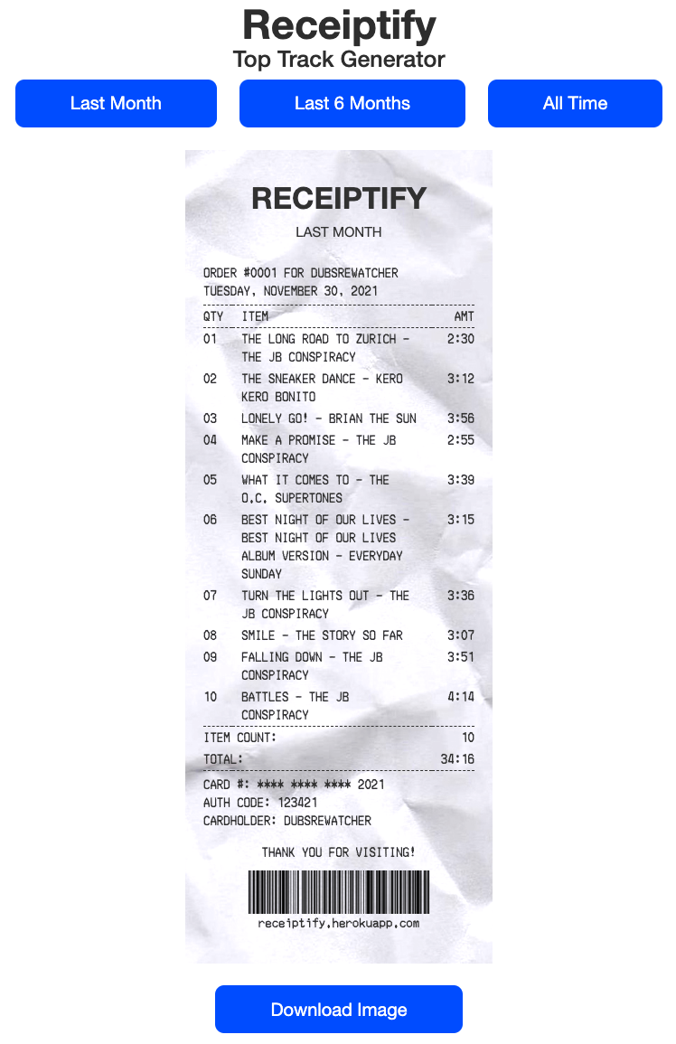 A song receipt from the Receiptify app.