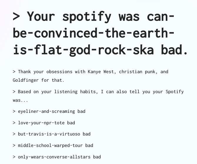 A taste reading from the "How Bad is Your Spotify?" app.