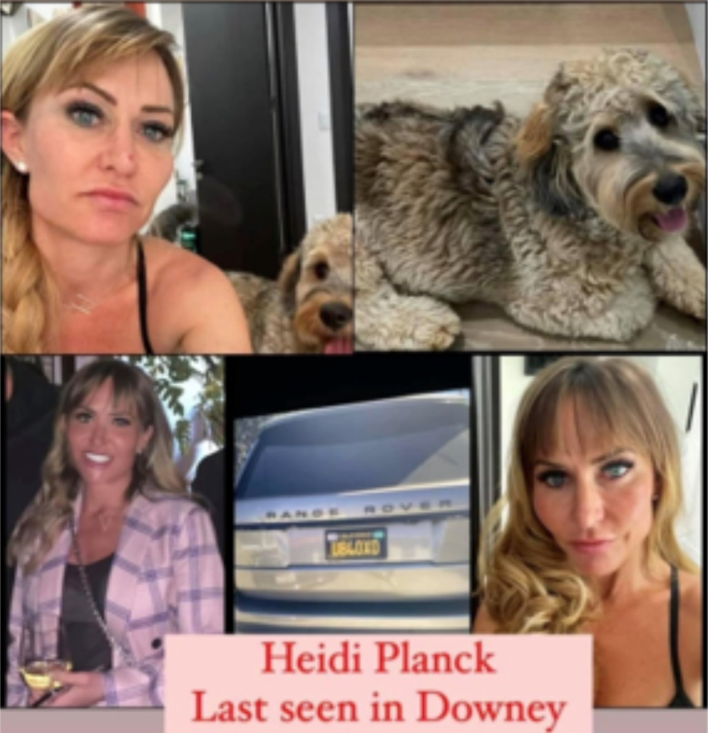 Heidi Planck missing poster shows her, her dog, and her range rover