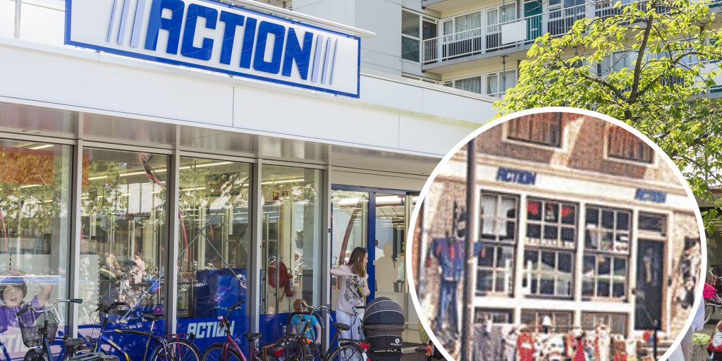 Een winkel van Action in Delft. Inzet: de eerste winkel van Action in Enkhuizen in 1993.