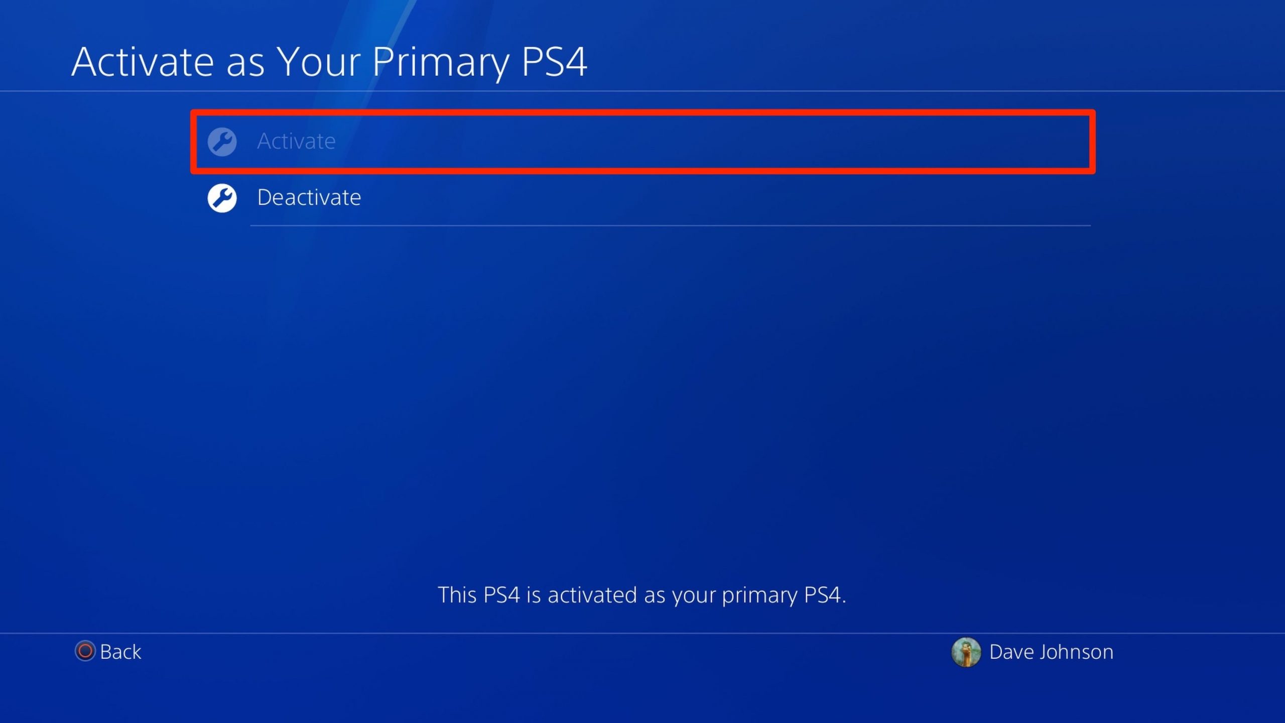 Screenshot of Activate button on PS4