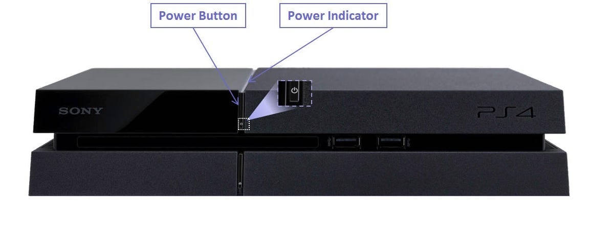 A PlayStation 4 console. The power button and power indicator are highlighted.