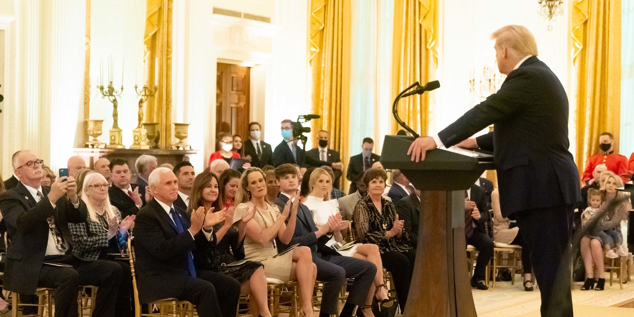 President Donald J. Trump addresses his remarks at the reception to honor Gold Star Families Sunday, Sept. 27, 2020, in the East Room of the White House.