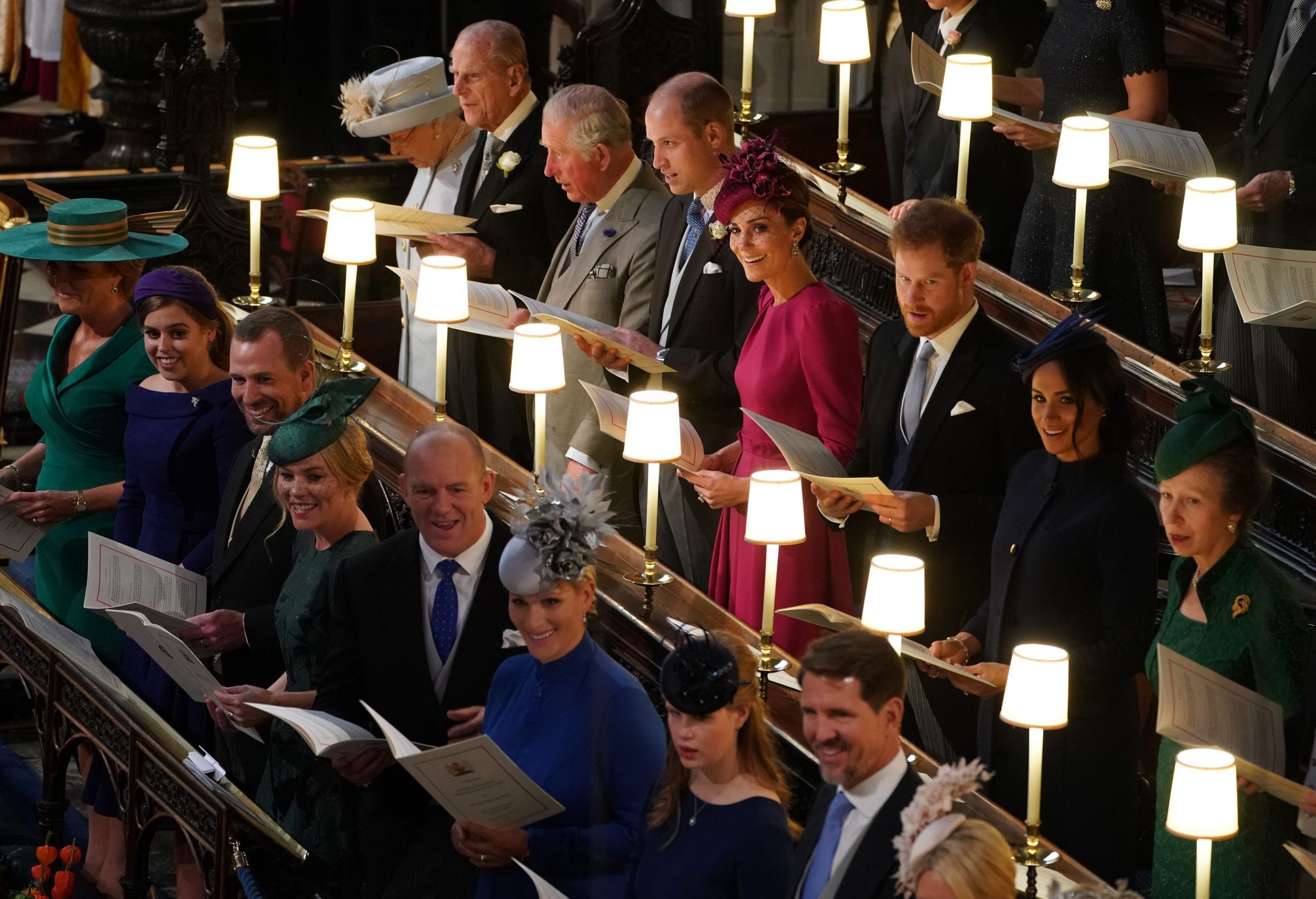 The Royal Family attend the wedding of Princess Eugenie of York and Mr. Jack Brooksbank at St. George's Chapel on October 12, 2018 in Windsor, England.