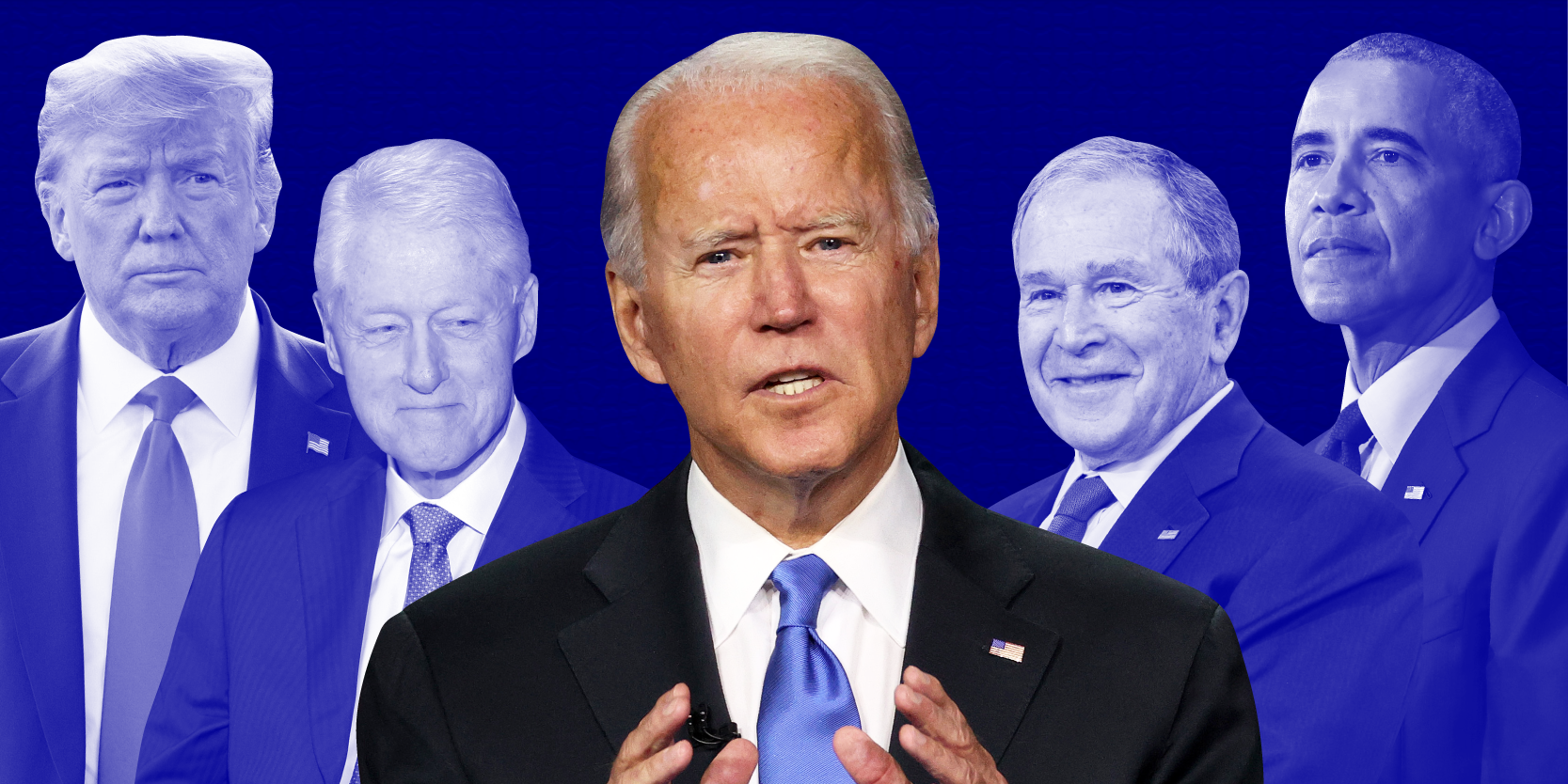 Donald Trump, Bill Clinton, Joe Biden, George Bush, and Barack Obama on a blue background.