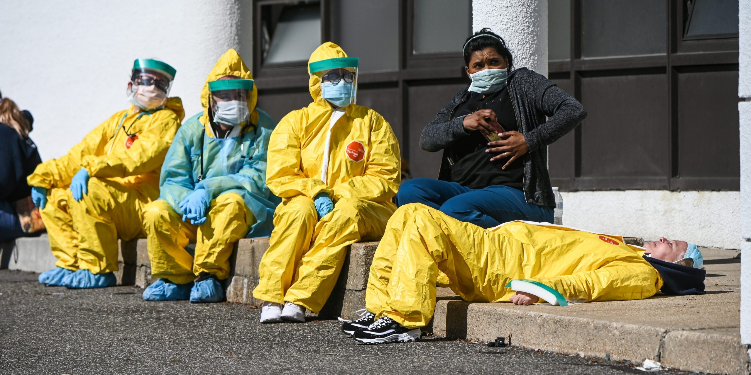 Healthcare workers take a break at the ProHEALTH testing site in Jericho, New York.