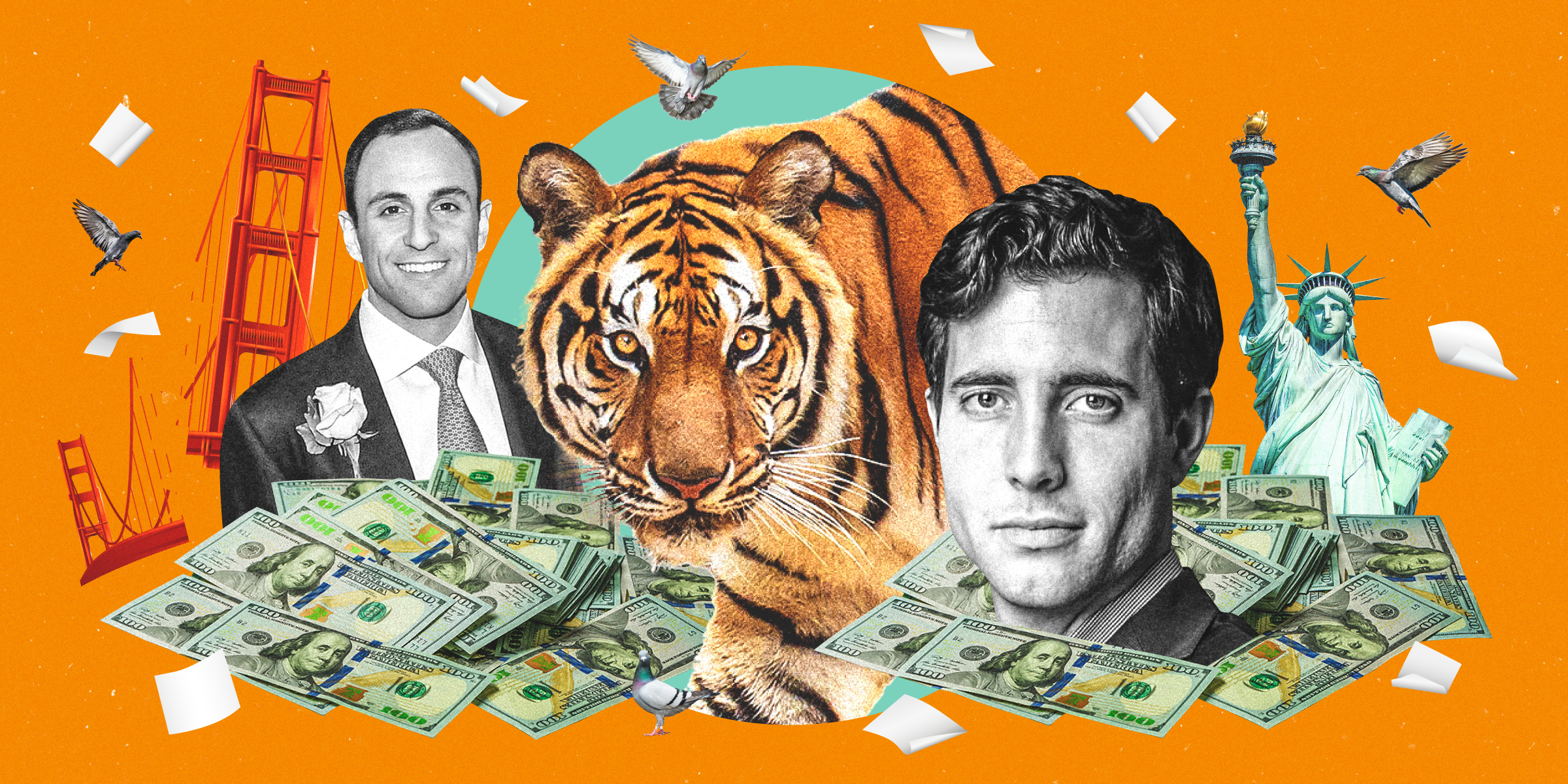 A large tiger surrounded by piles of money, pigeons, term sheets, a broken Golden Gate Bridge, the Statue of Liberty, Tiger Global partners, Scott Shleifer and John Curtius on an orange background