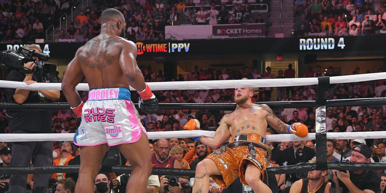 Tyron Woodley beat Jake Paul into the ropes during their eight-round boxing match.