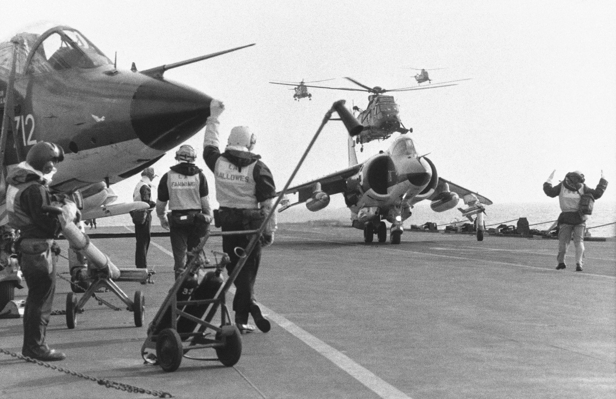 Sea Harrier jump jets on British aircraft carrier HMS Hermes