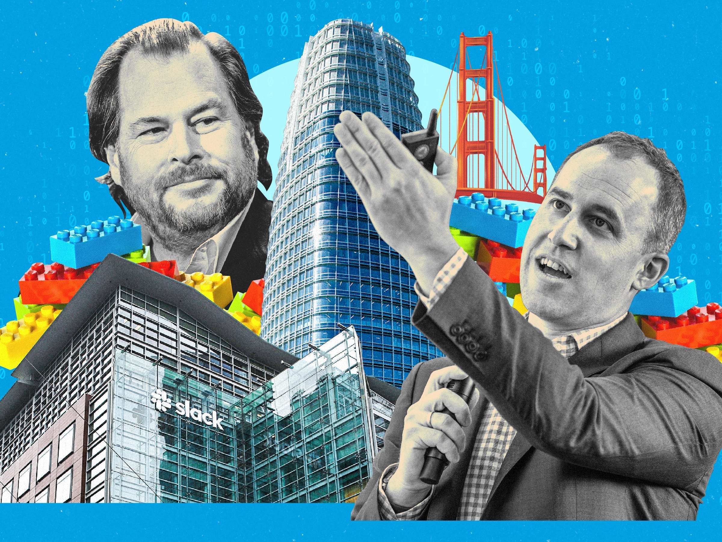 A collage of Marc Benioff, Bret Taylor, Salesforce Tower, Slack headquarters in San Francisco, the Golden Gate Bridge, and lego blocks with binary code patterned out on a blue background.