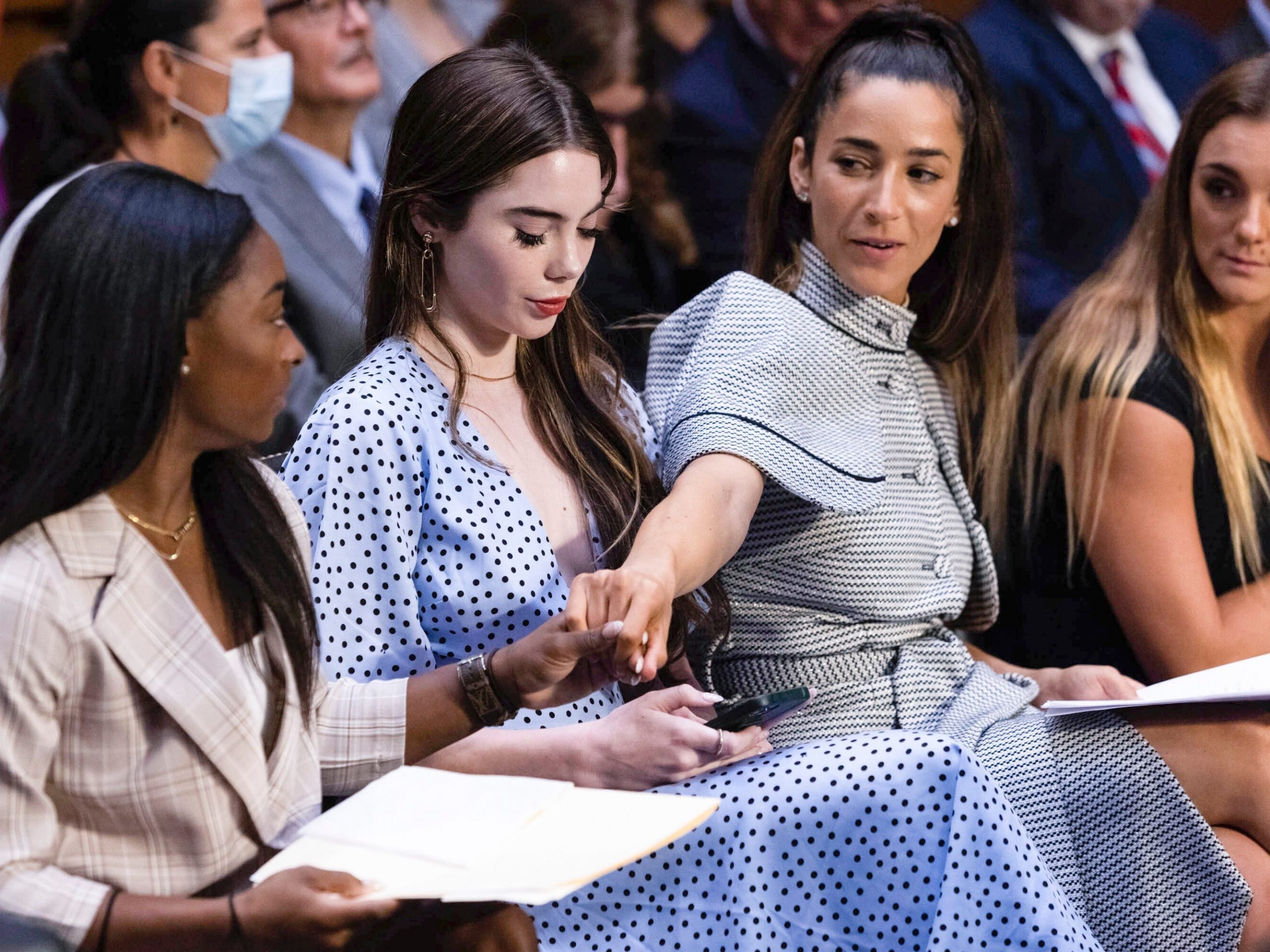 United States gymnasts from left, Simone Biles, McKayla Maroney, Aly Raisman and Maggie Nichols arrive for a Senate Judiciary hearing about the Inspector General's report on the FBI's handling of the Larry Nassar investigation on Capitol Hill, Wednesday, Sept. 15, 2021, in Washington. Nassar was charged in 2016 with federal child pornography offenses and sexual abuse charges in Michigan. He is now serving decades in prison after hundreds of girls and women said he sexually abused them under the guise of medical treatment when he worked for Michigan State and Indiana-based USA Gymnastics, which trains Olympians.