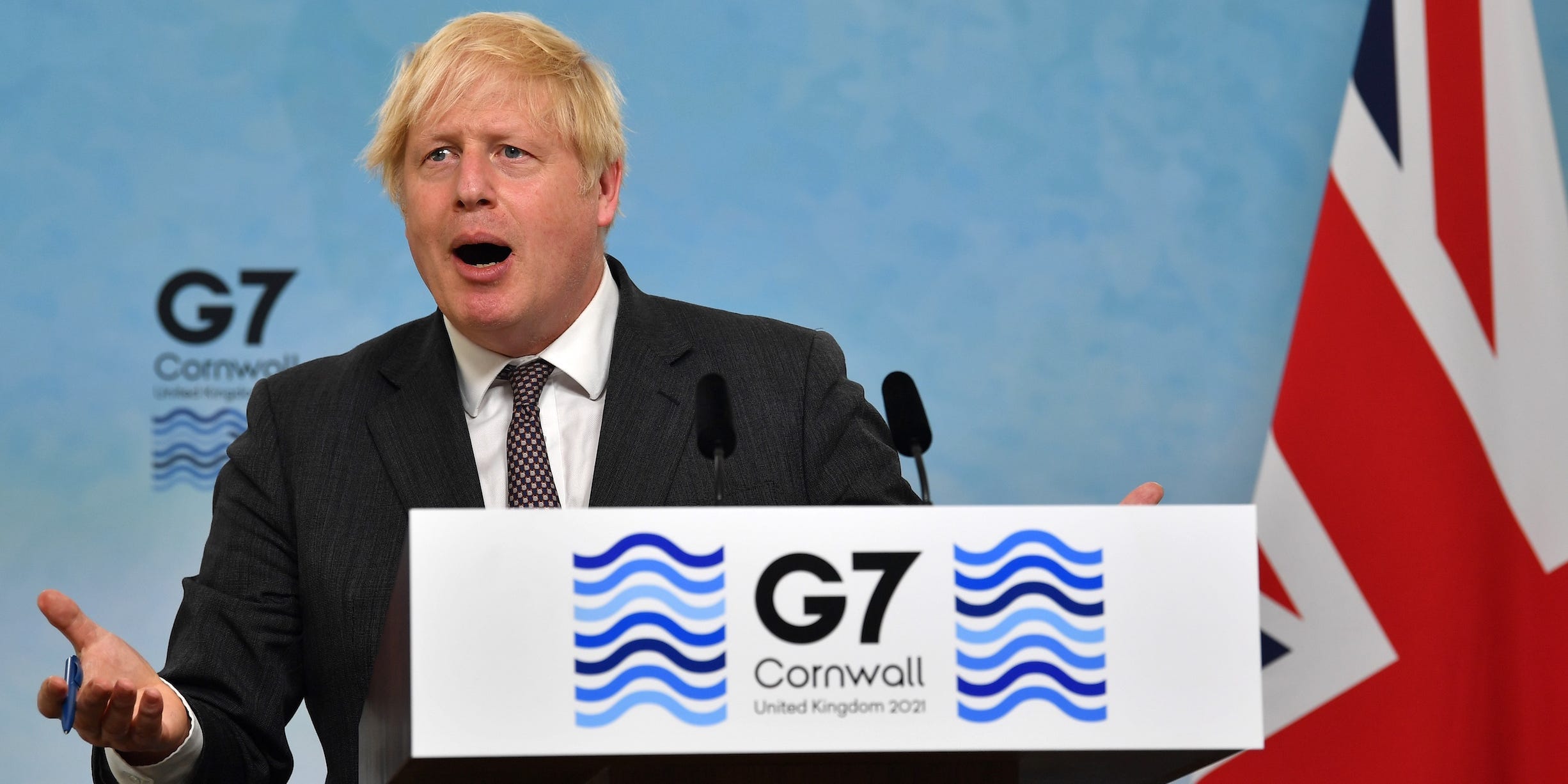 British Prime Minister Boris Johnson takes part in a press conference on the final day of the G7 summit in Carbis Bay on June 13, 2021 in Cornwall, United Kingdom.