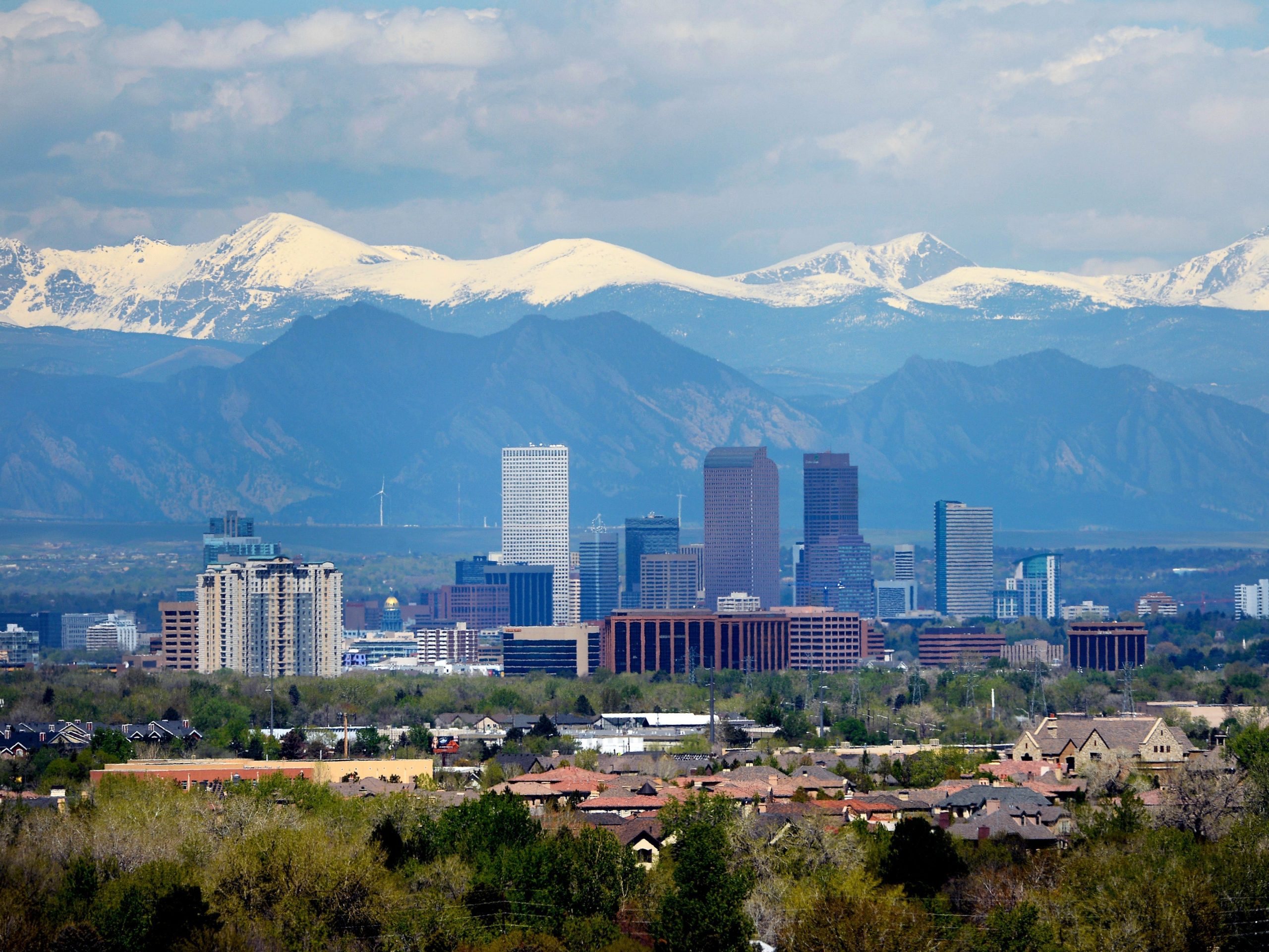 Denver Skyline as seen from the Cherry Creek Dam road in Denver, Colorado on April 30, 2015.