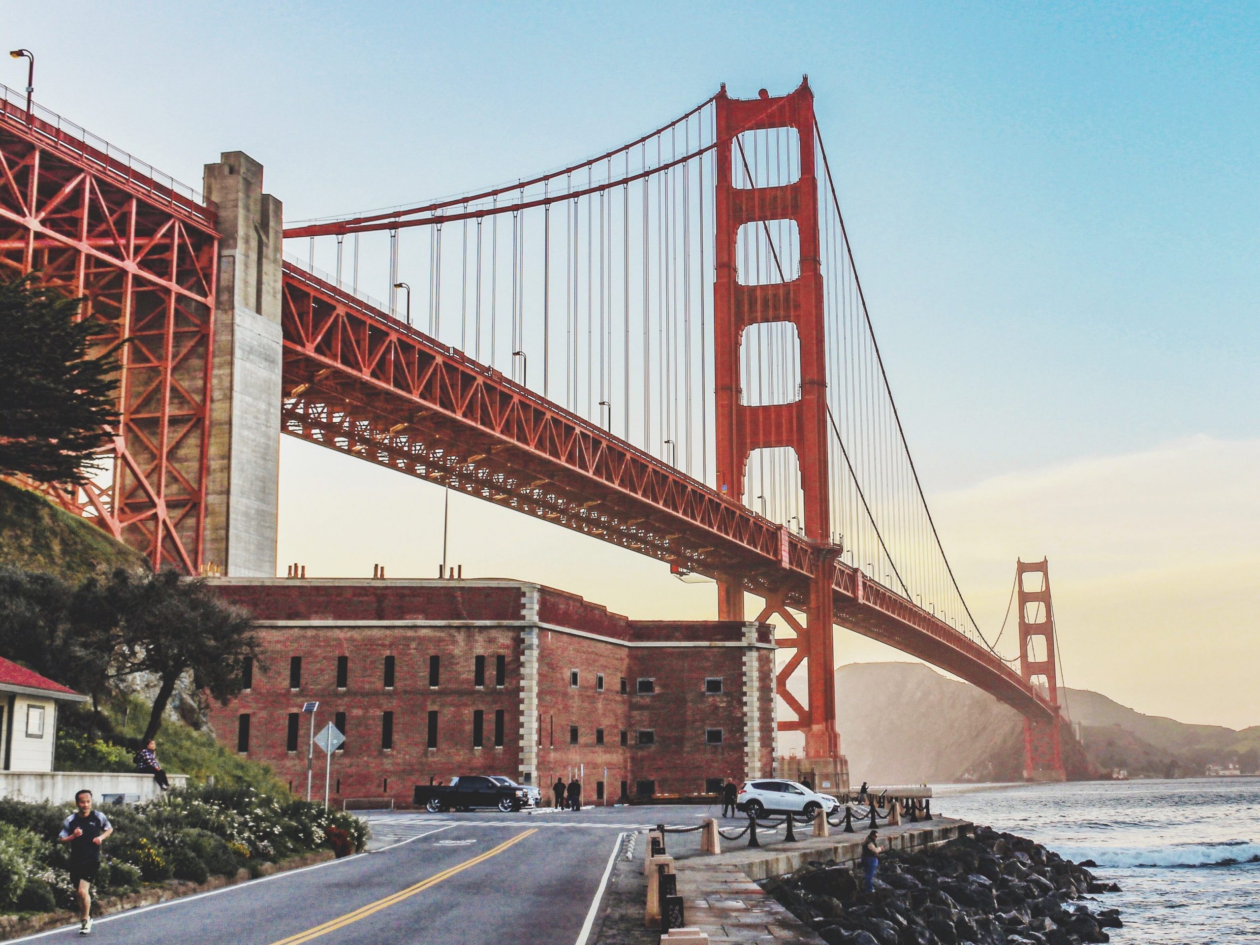 A low-angle view of the Golden Gate Bridge