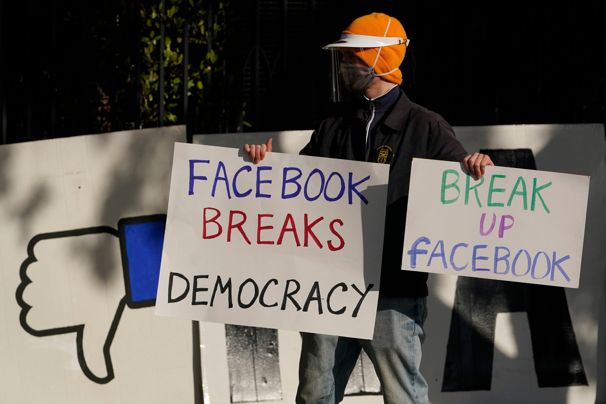 A protestor with a hat and mask holds "Break up Facebook" sign