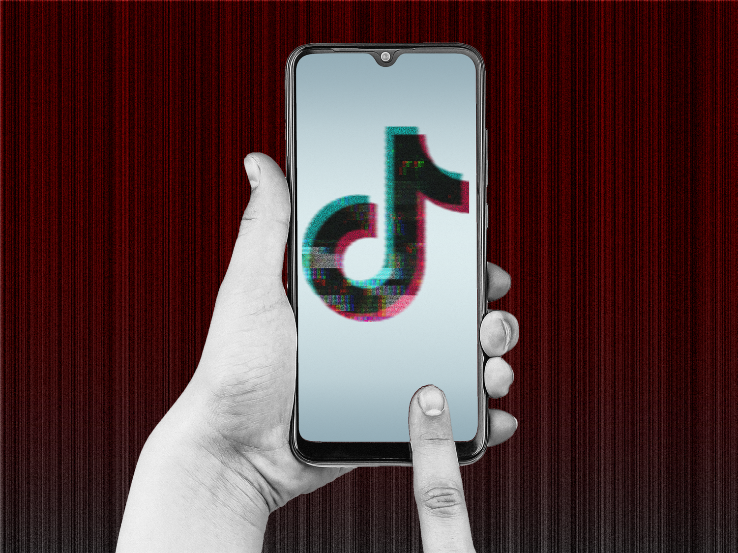 Hands swiping on a phone with the Tik Tok logo and a distorted background.