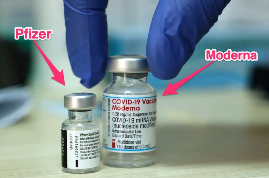 Pfizer and Moderna vaccine vials - moderna's is slightly bigger