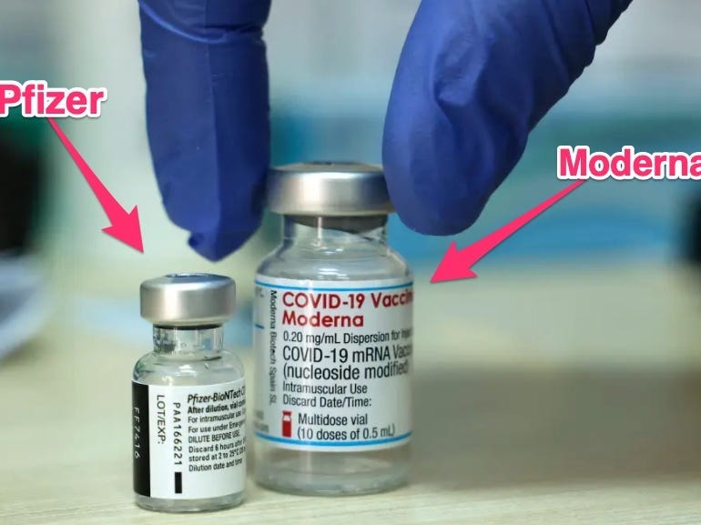 Pfizer and Moderna vaccine vials - moderna's is slightly bigger