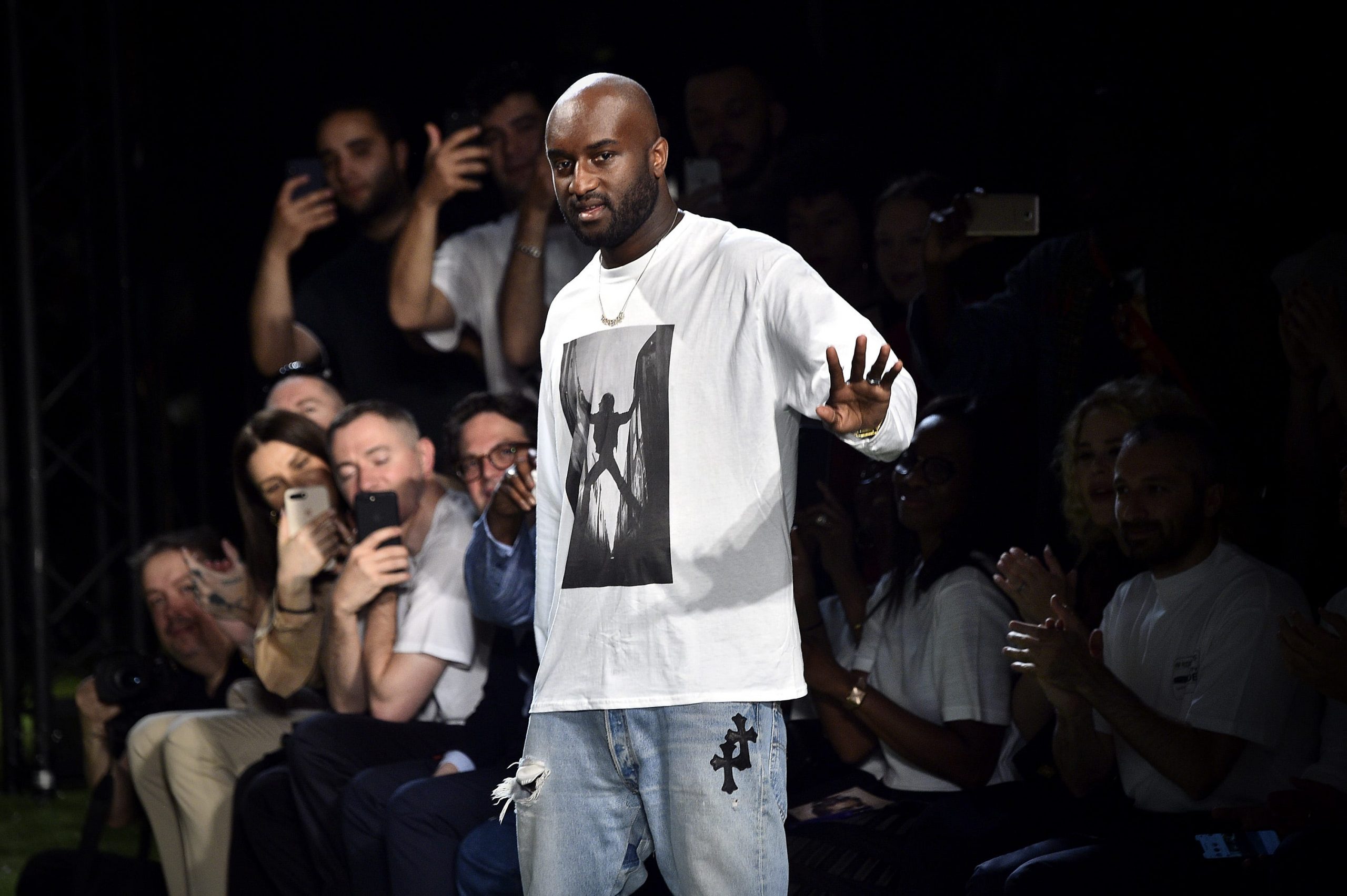 Creative Director Virgil Abloh acknowledges the audience during the Off-White Menswear Spring/Summer 2019 show as part of Paris Fashion Week on June 20, 2018 in Paris, France.
