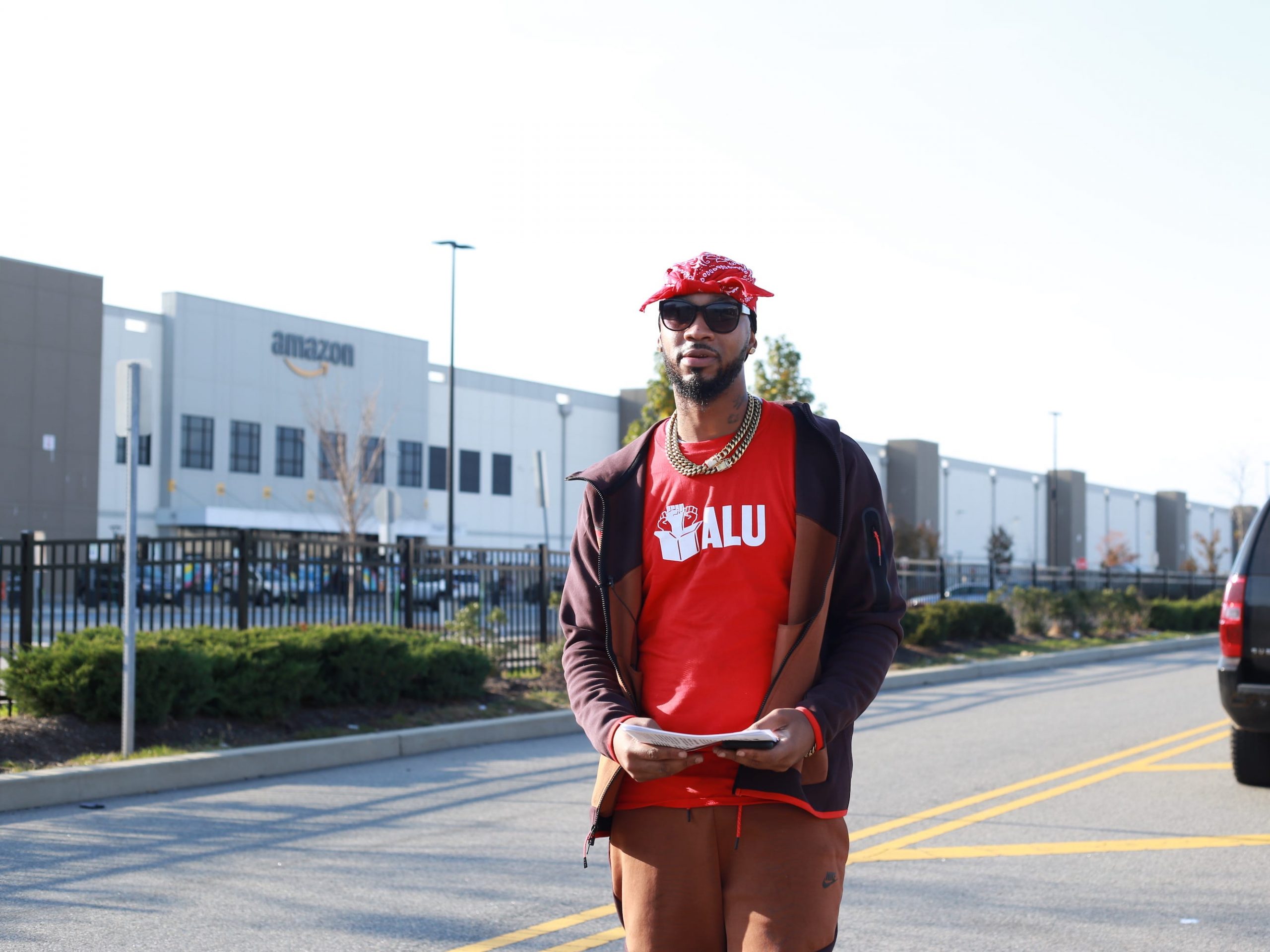 Former Amazon worker Chris Smalls in front of Amazon's JFK8 warehouse in Staten Island on November 25, 2021.