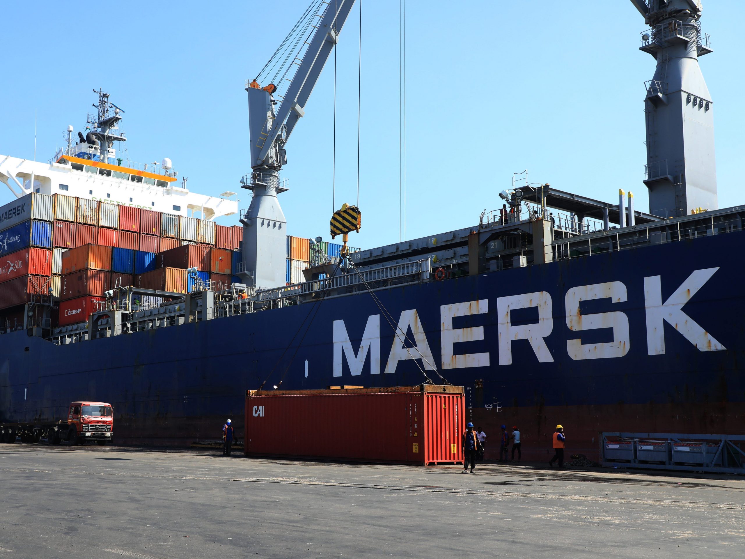 A view of a Maersk ship with containers on top at Chittagong Port. Chittagong Port on the banks of the Karnaphuli river is Bangladesh's main seaport.