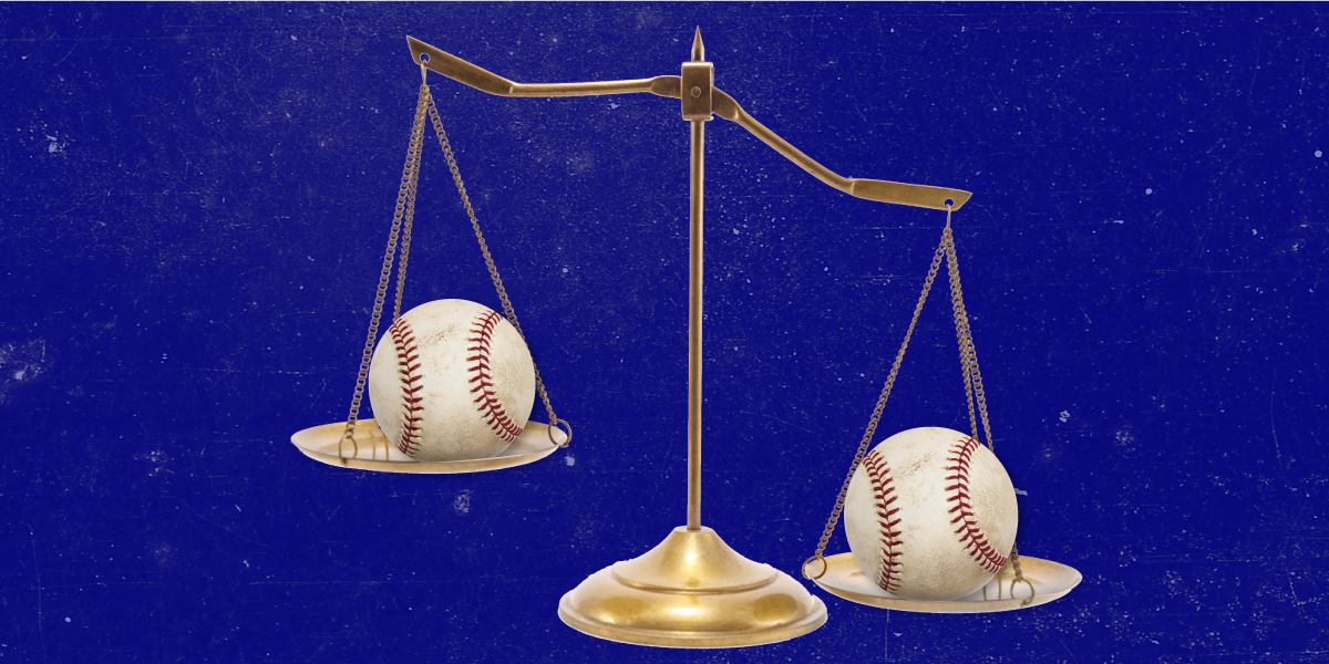 Abbreviated digital thumbnail image of two baseballs on an unbalanced gold scale over a dark blue background