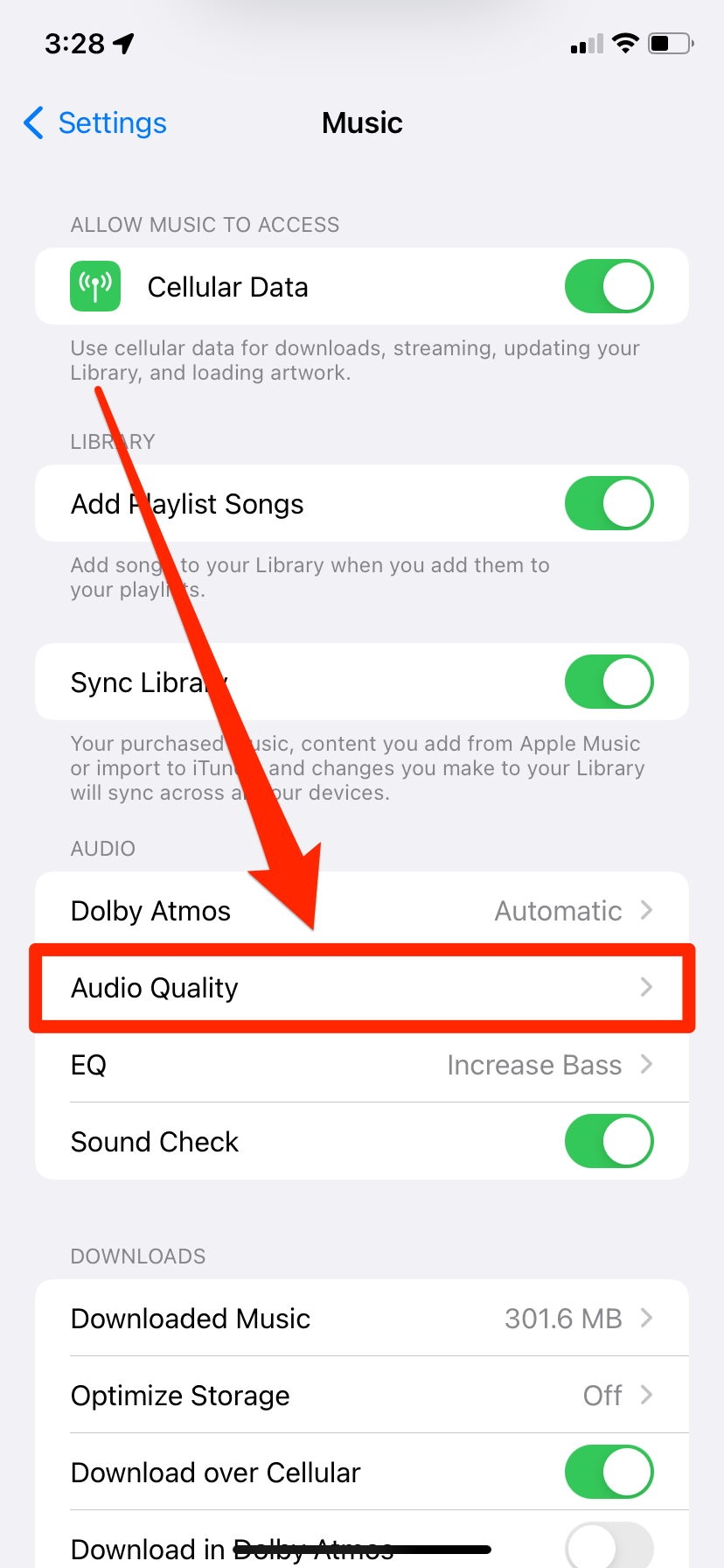 The Music settings menu on an iPhone.