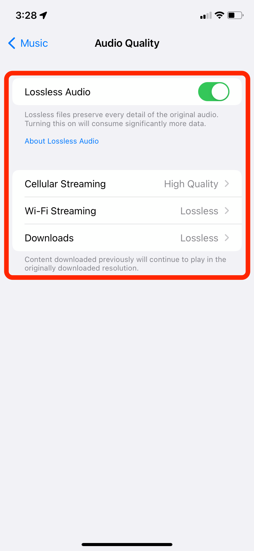 The Audio Quality menu on an iPhone.