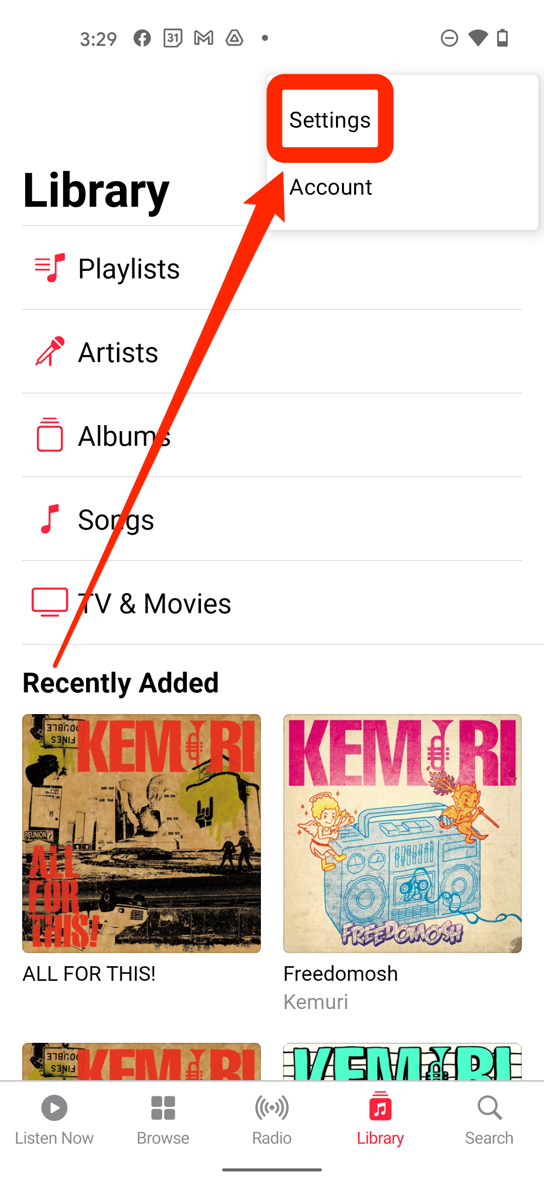 The Apple Music app on an Android phone, with the Settings option selected.