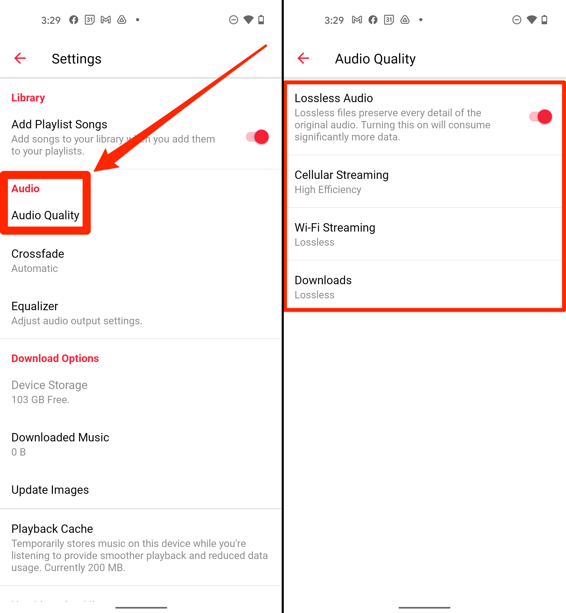 The menus that let you pick Audio Quality in the Apple Music Android app.