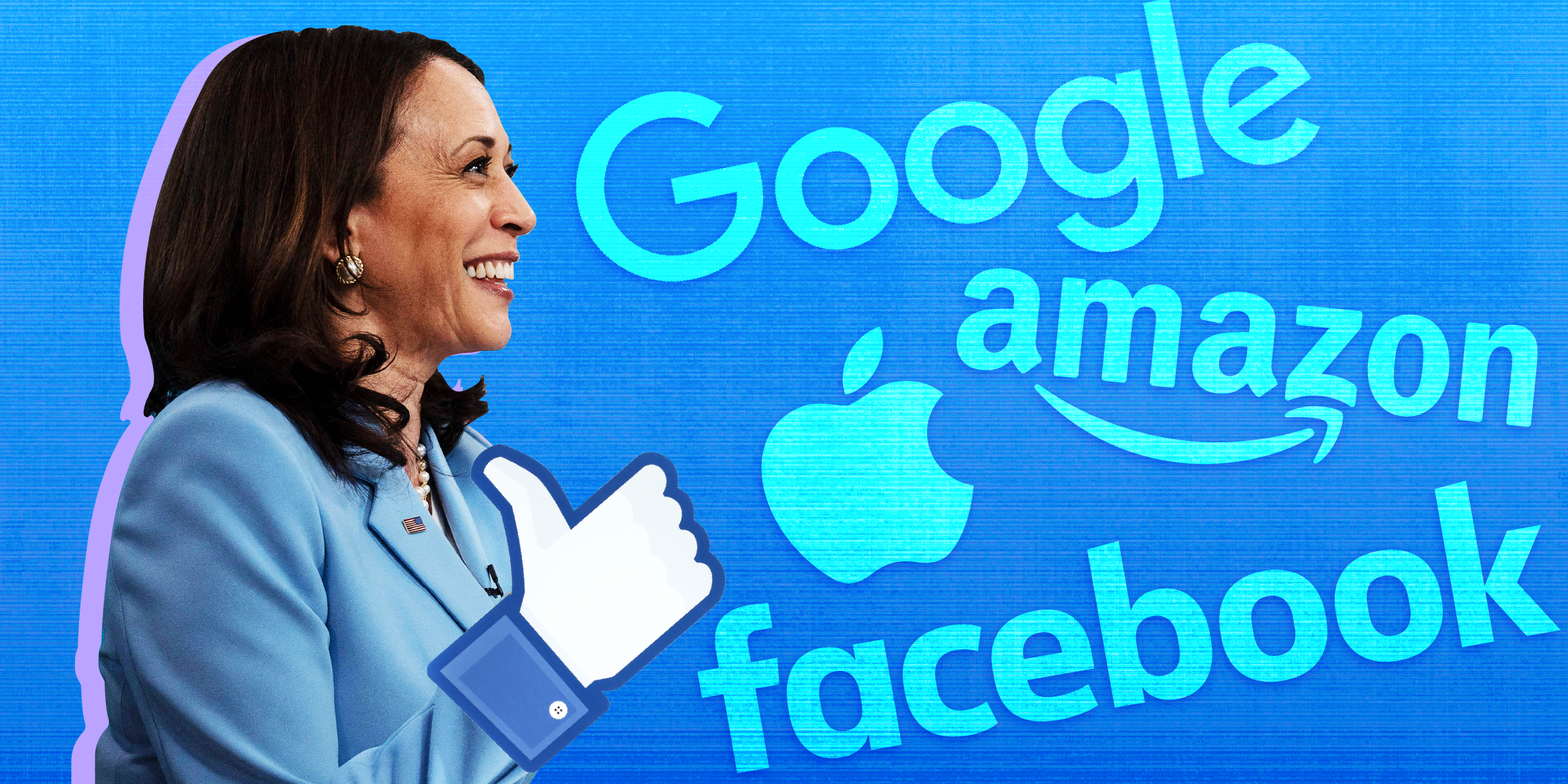 Vice President Kamala Harris giving a thumbs up with the Facebook "like" symbol as her hand, and the logos of facebook, apple, amazon, and google on a blue background