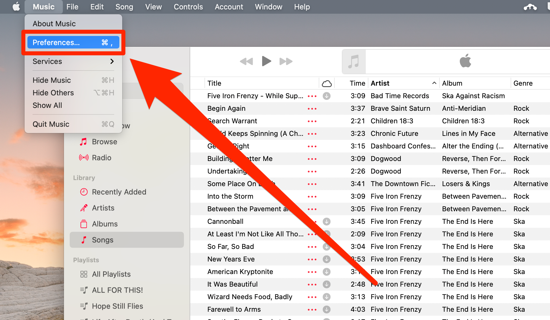 The Music app on a Mac, with the Preferences option highlighted.