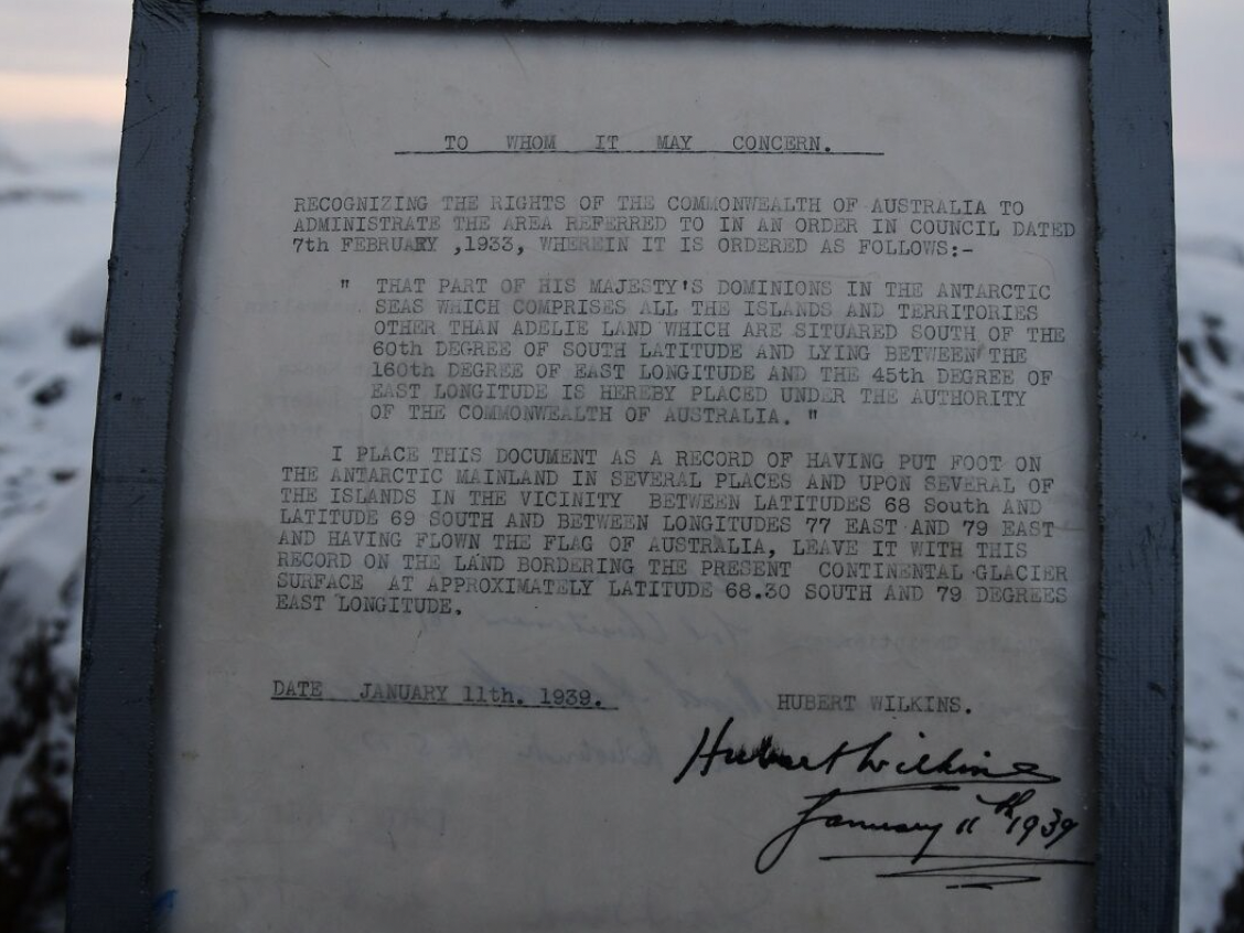 Document written by Sir Hubert Wilkins outlining claim for Australia at Walkabout Rocks.