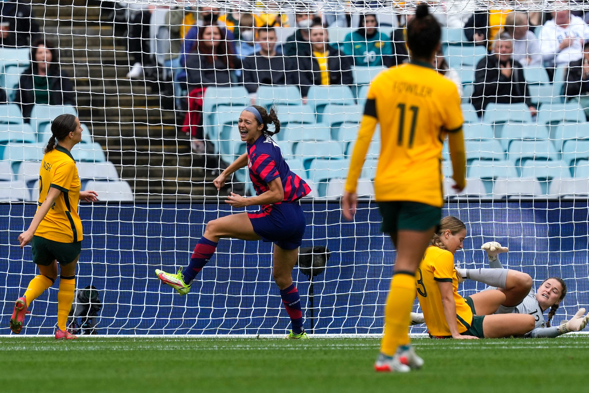 Ashley Hatch reacts to scoring her first-ever USWNT goal.