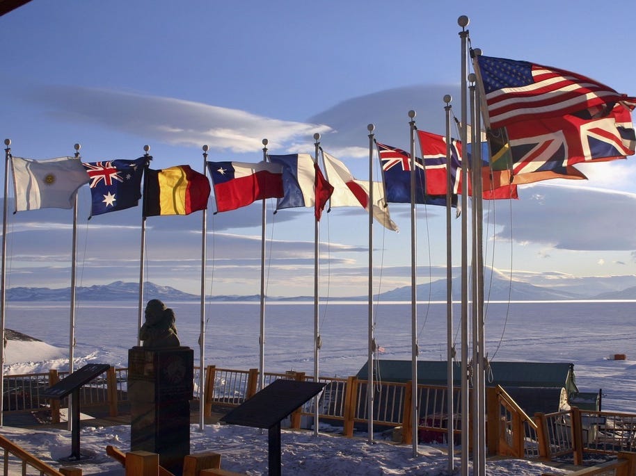 Flags of the original 12 signatory nations of the Antarctic Treaty.