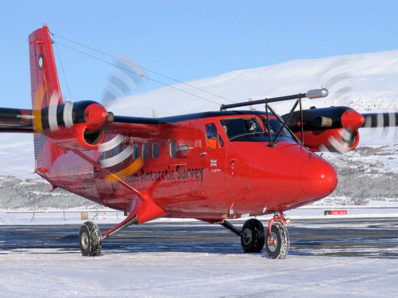 A British Antarctic Survey aircraft in Antarctica.