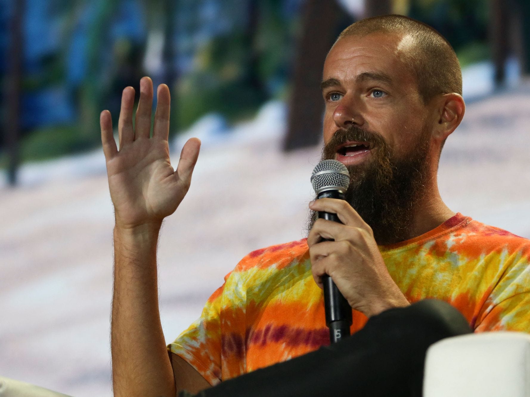 jack dorsey speaks onstage at a bitcoin conference