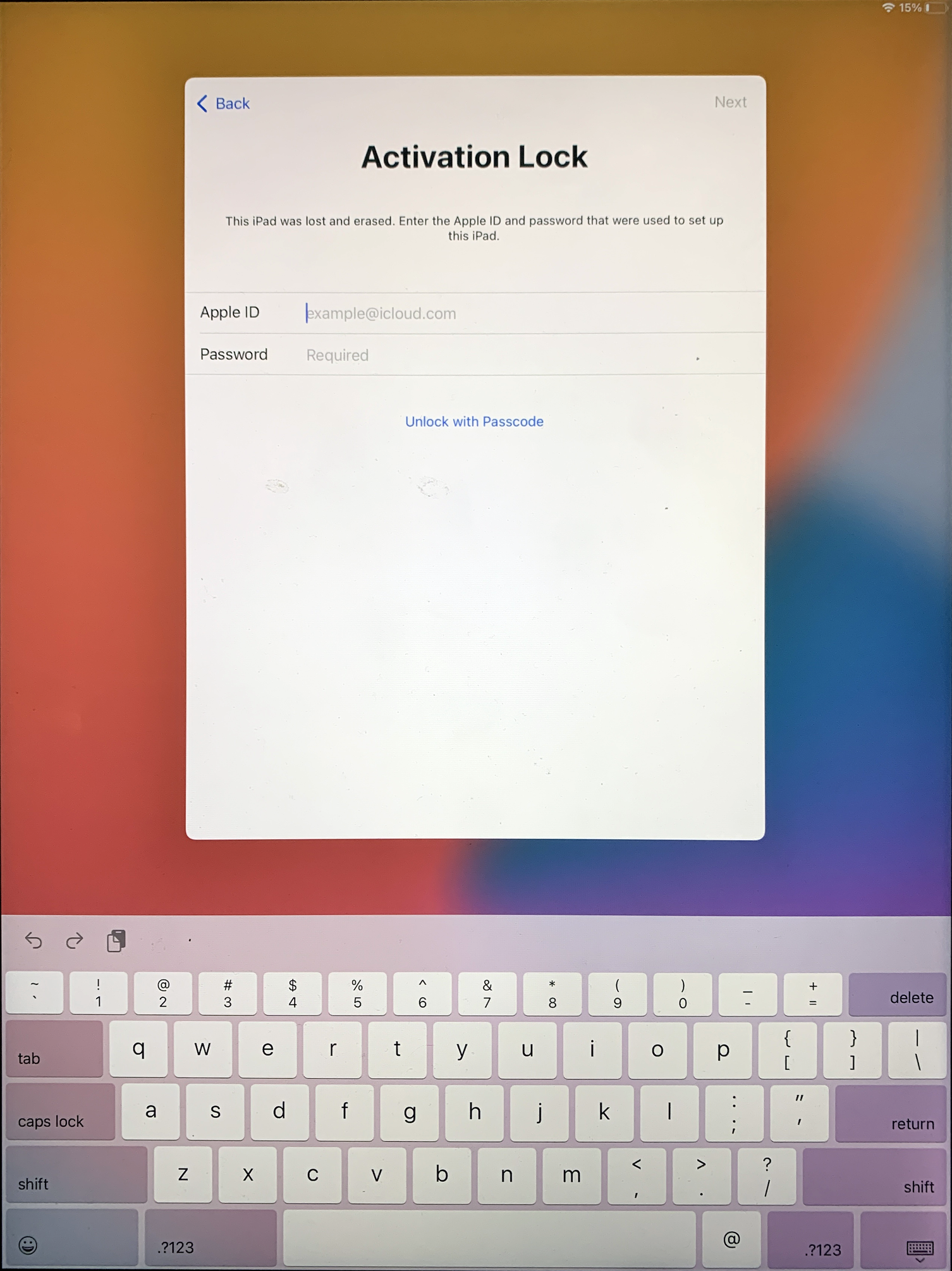 The Activation Lock screen on an iPad.