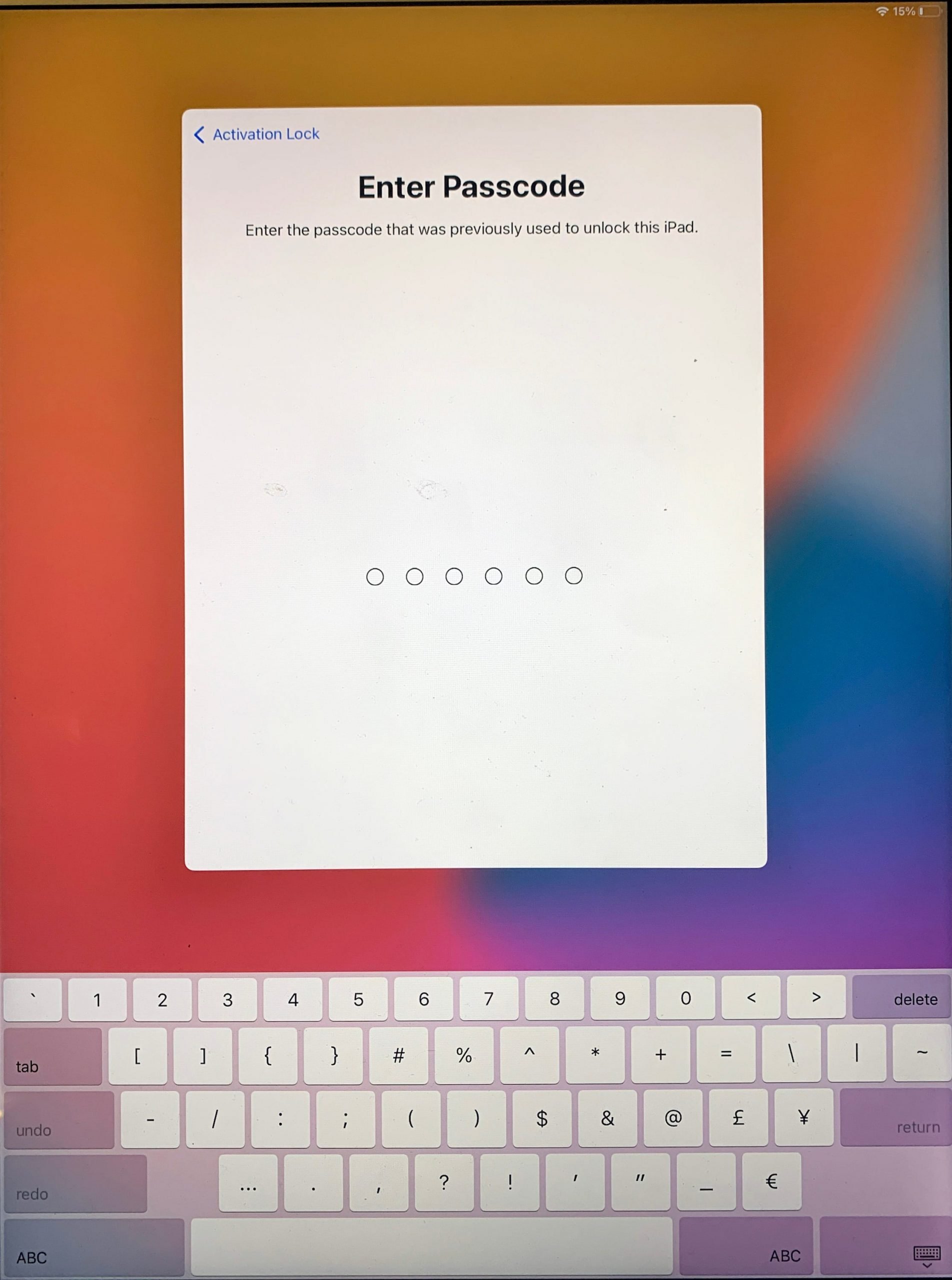 The Activation Lock screen on an iPad, asking the user to enter a passcode.