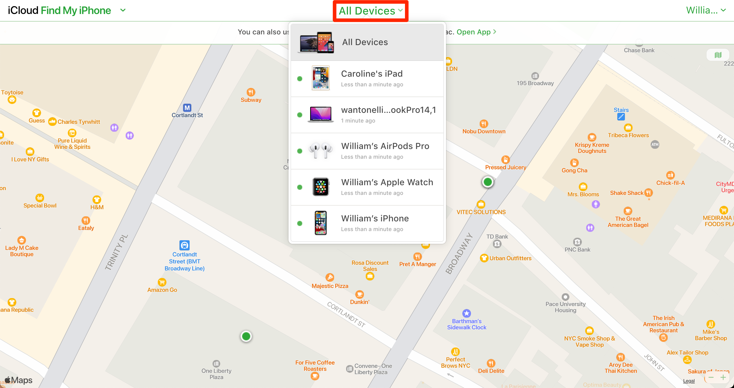 The Find My menu on the iCloud website, with the list of connected devices open.