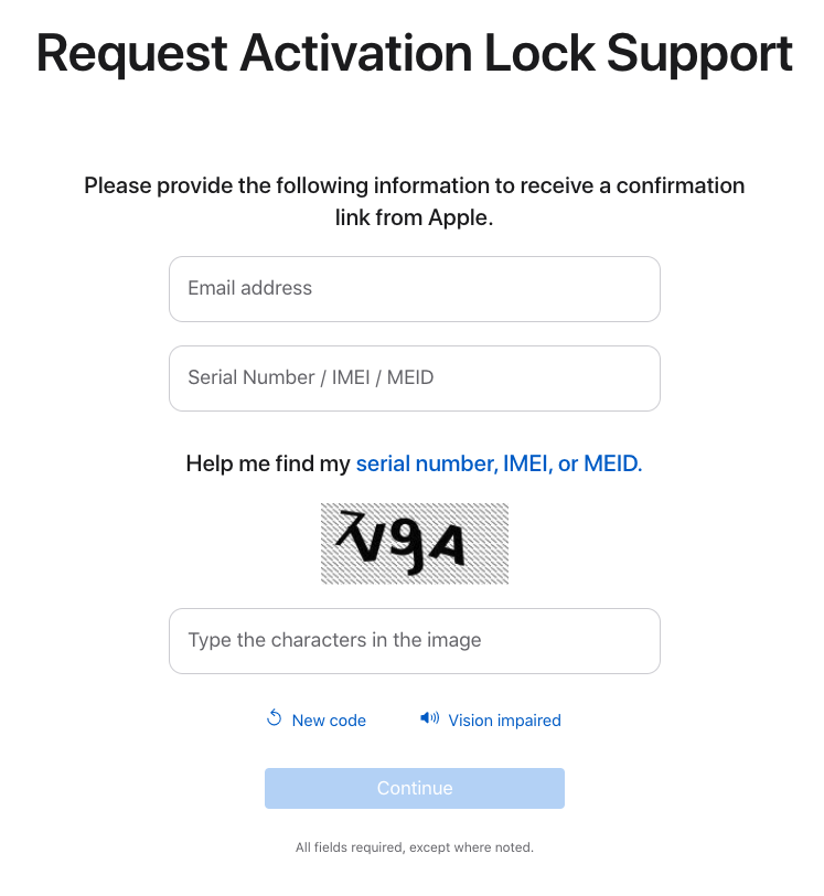 The "Request Activation Lock Support" page on the Apple website.