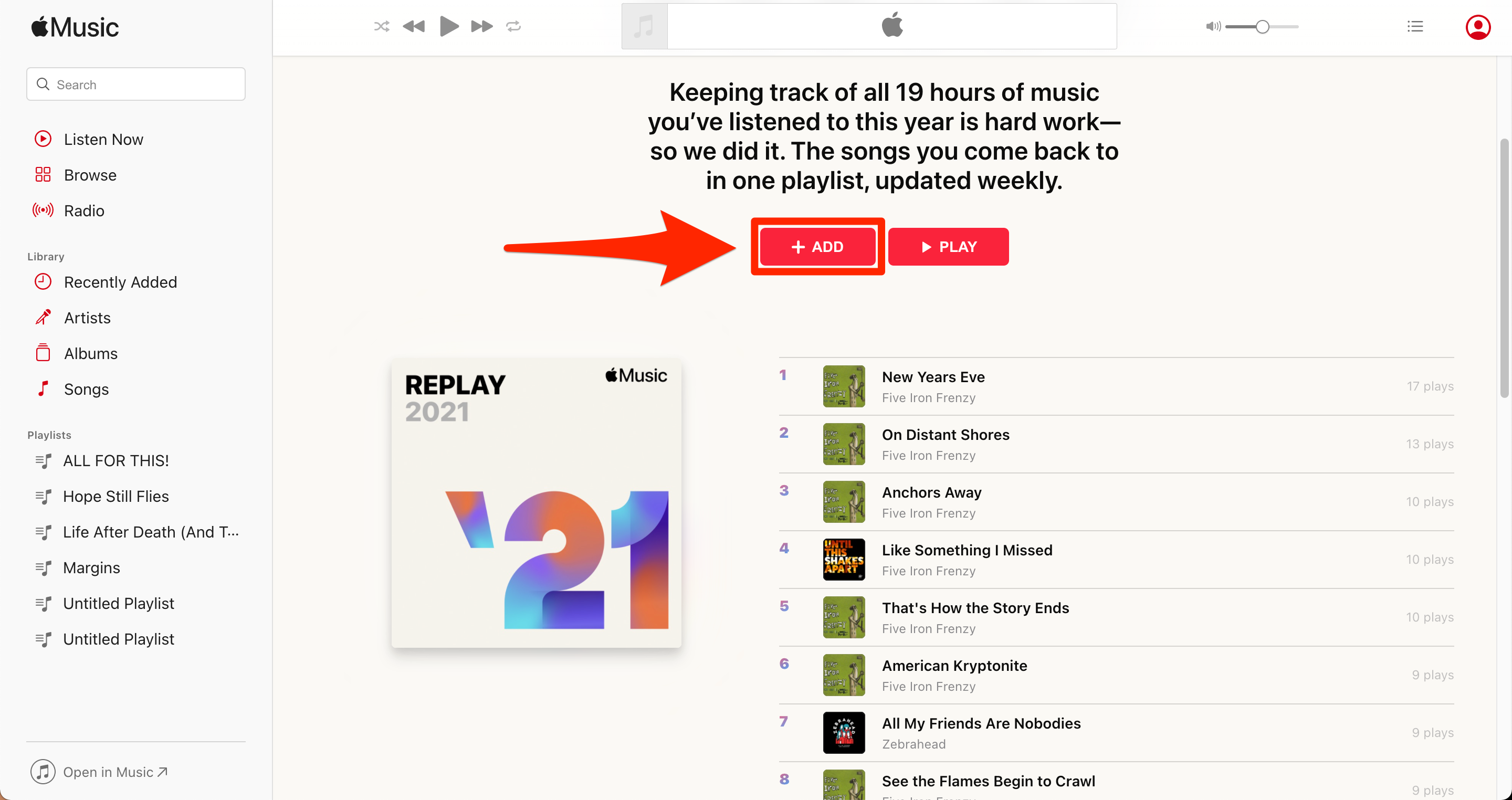 An Apple Music Replay playlist. The "Add" option is highlighted.