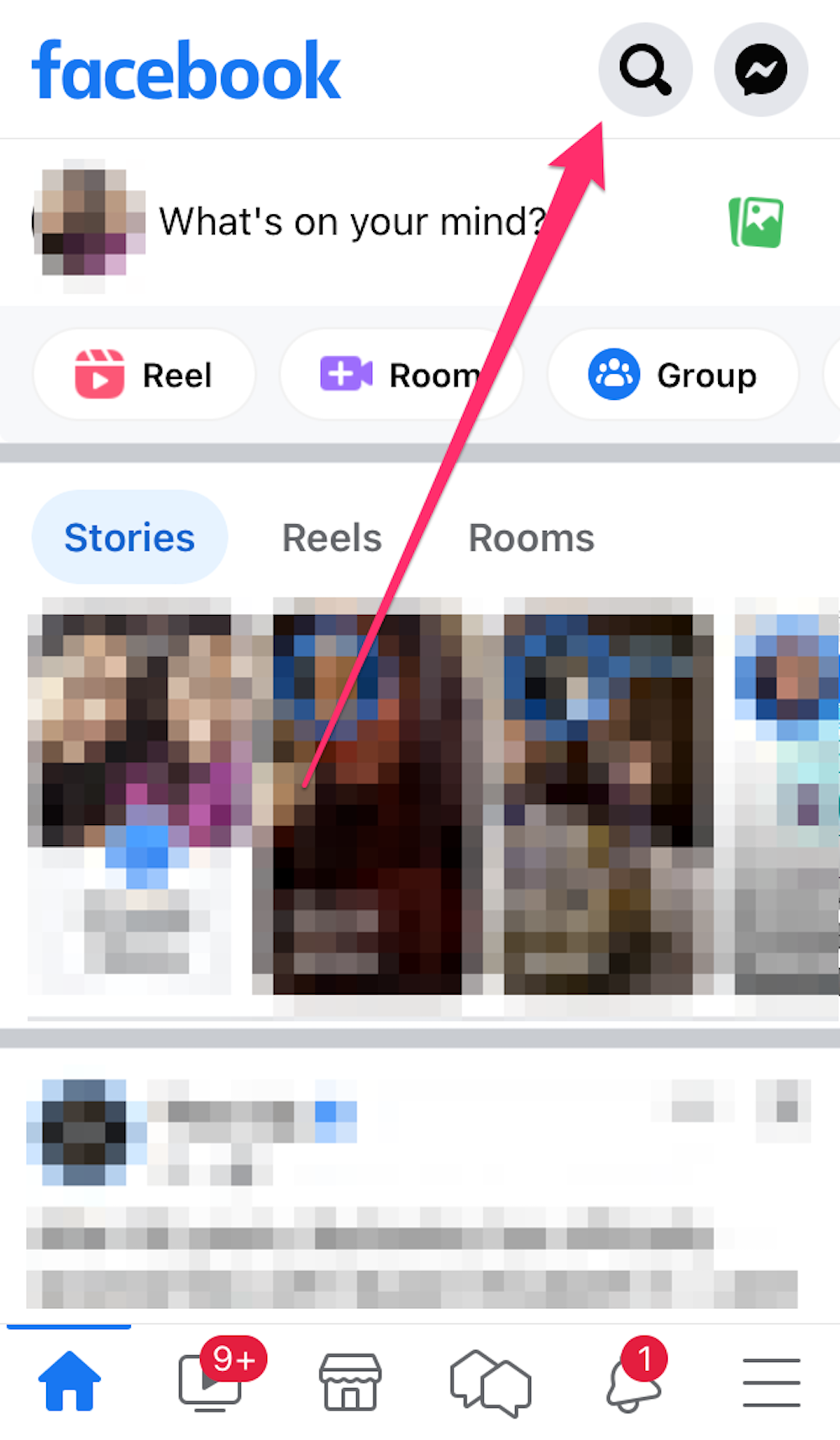 Screenshot highlighting the search icon on the Facebook app