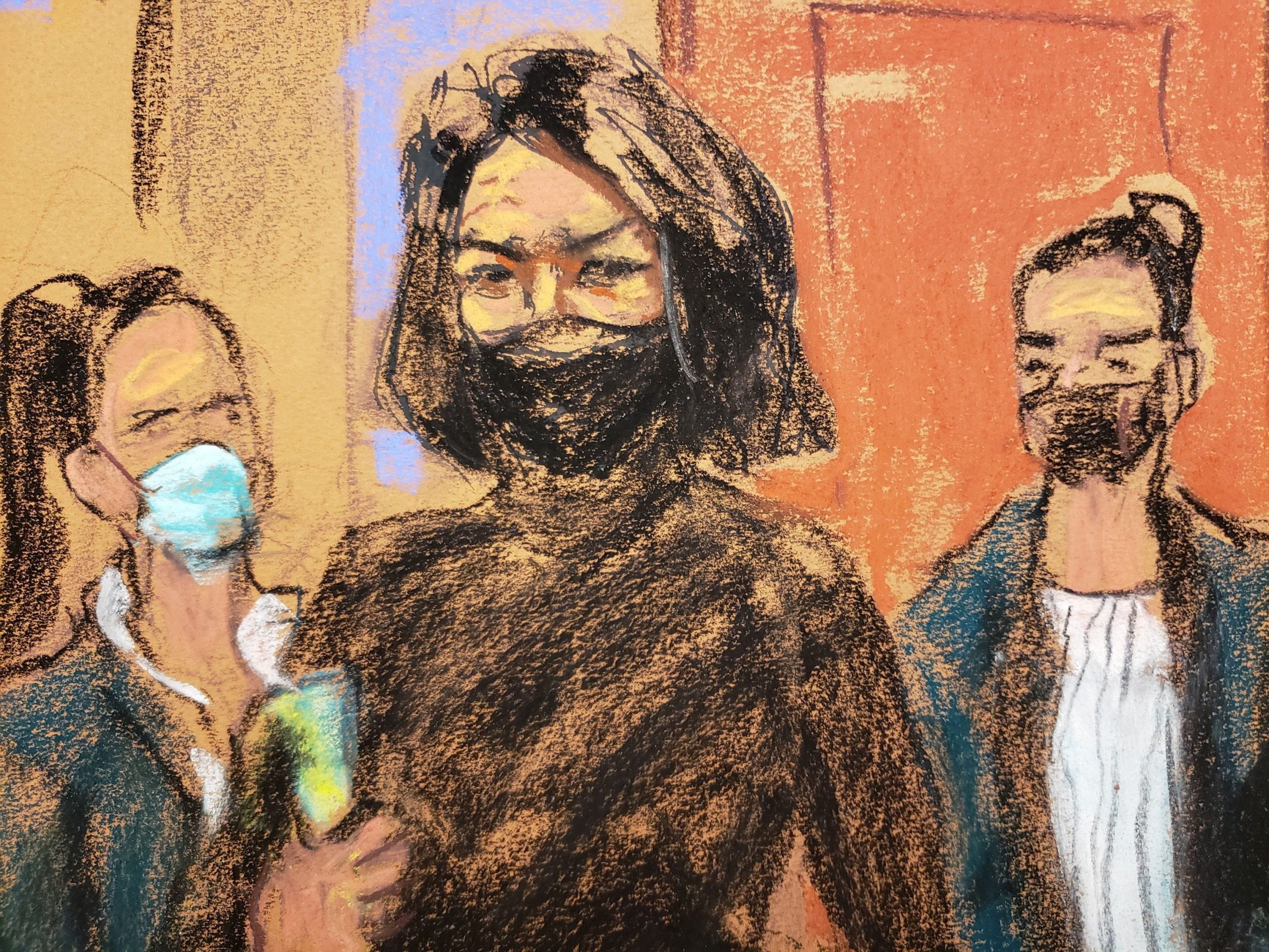 Ghislaine Maxwell courtroom sketch wearing turtleneck and a mask