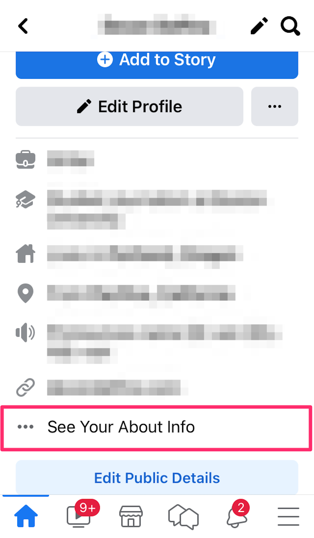 Screenshot highlighting the See Your About Info option on a Facebook profile