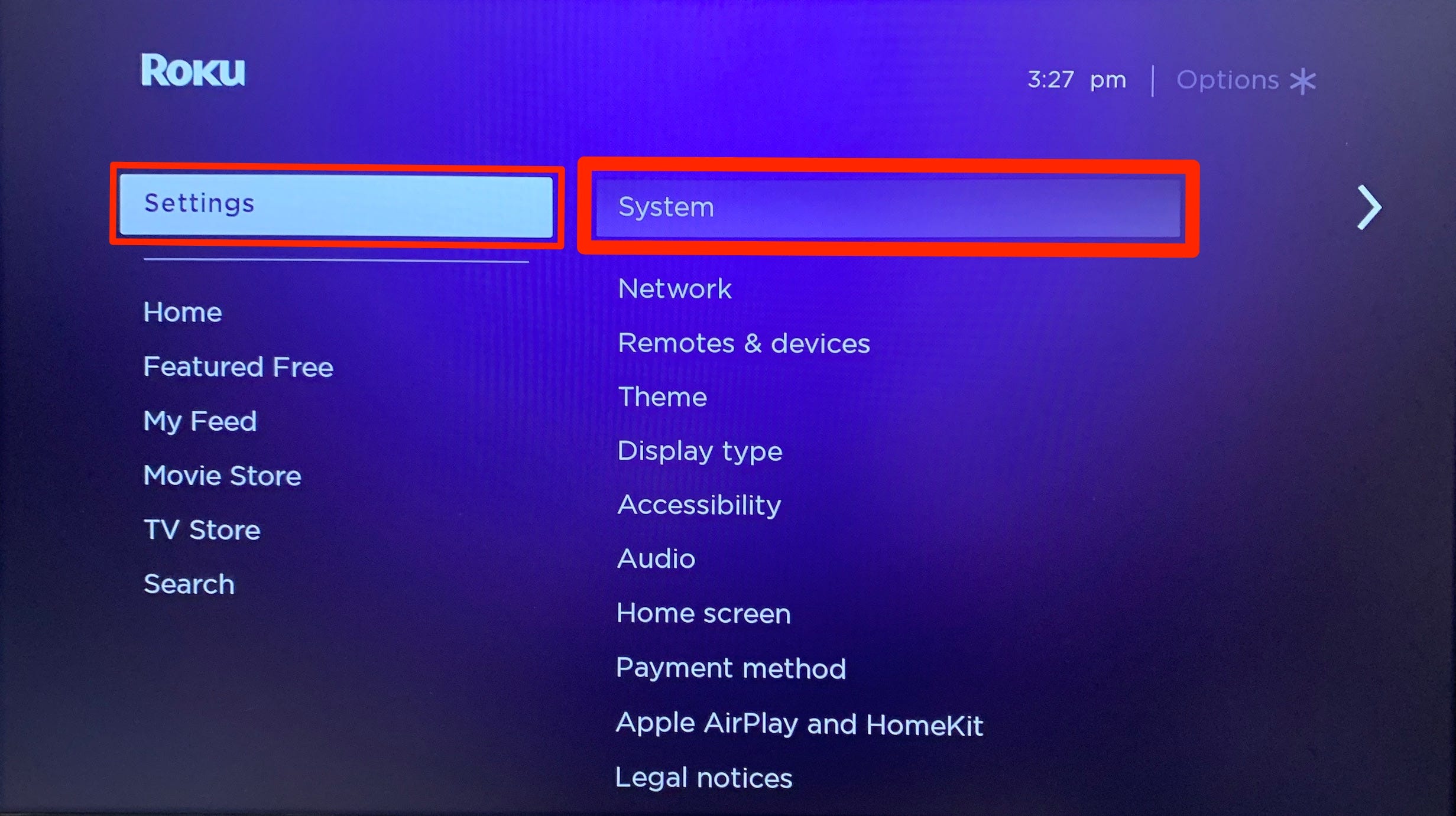 The Settings page on a Roku, with the System option highlighted.