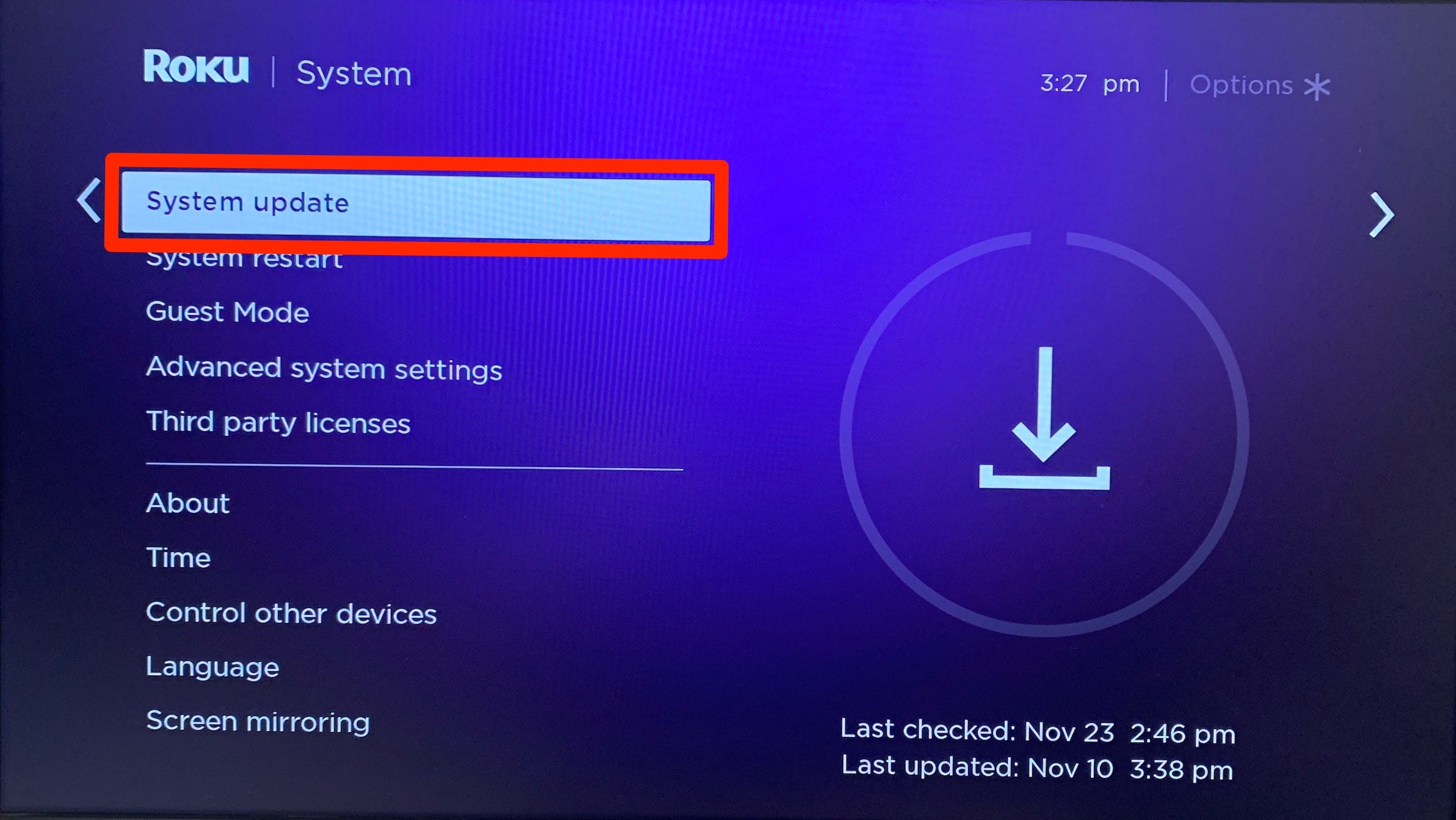 The System menu on a Roku, with the "System update" option highlighted.