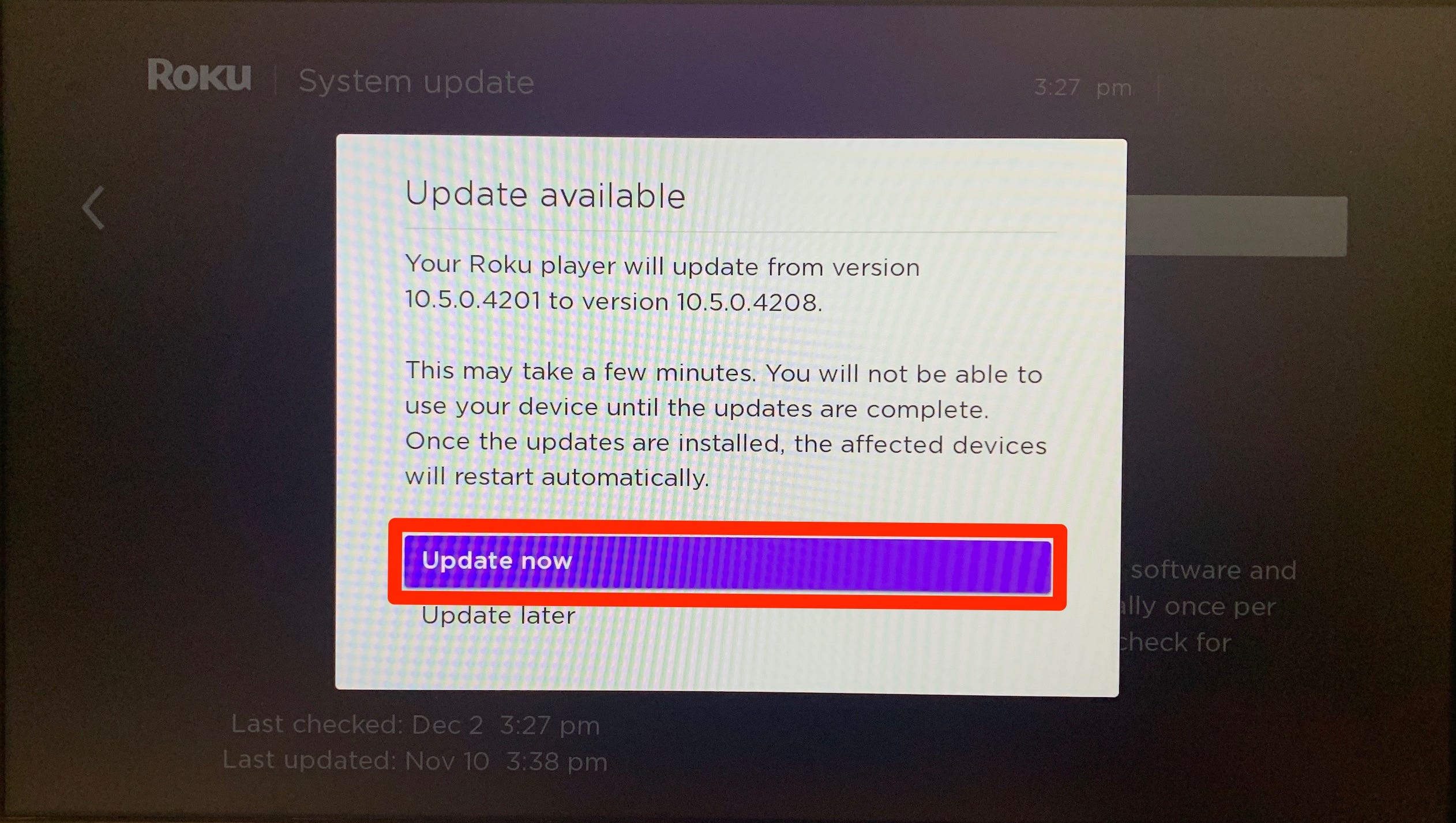 A Roku menu that explains there's an update available.