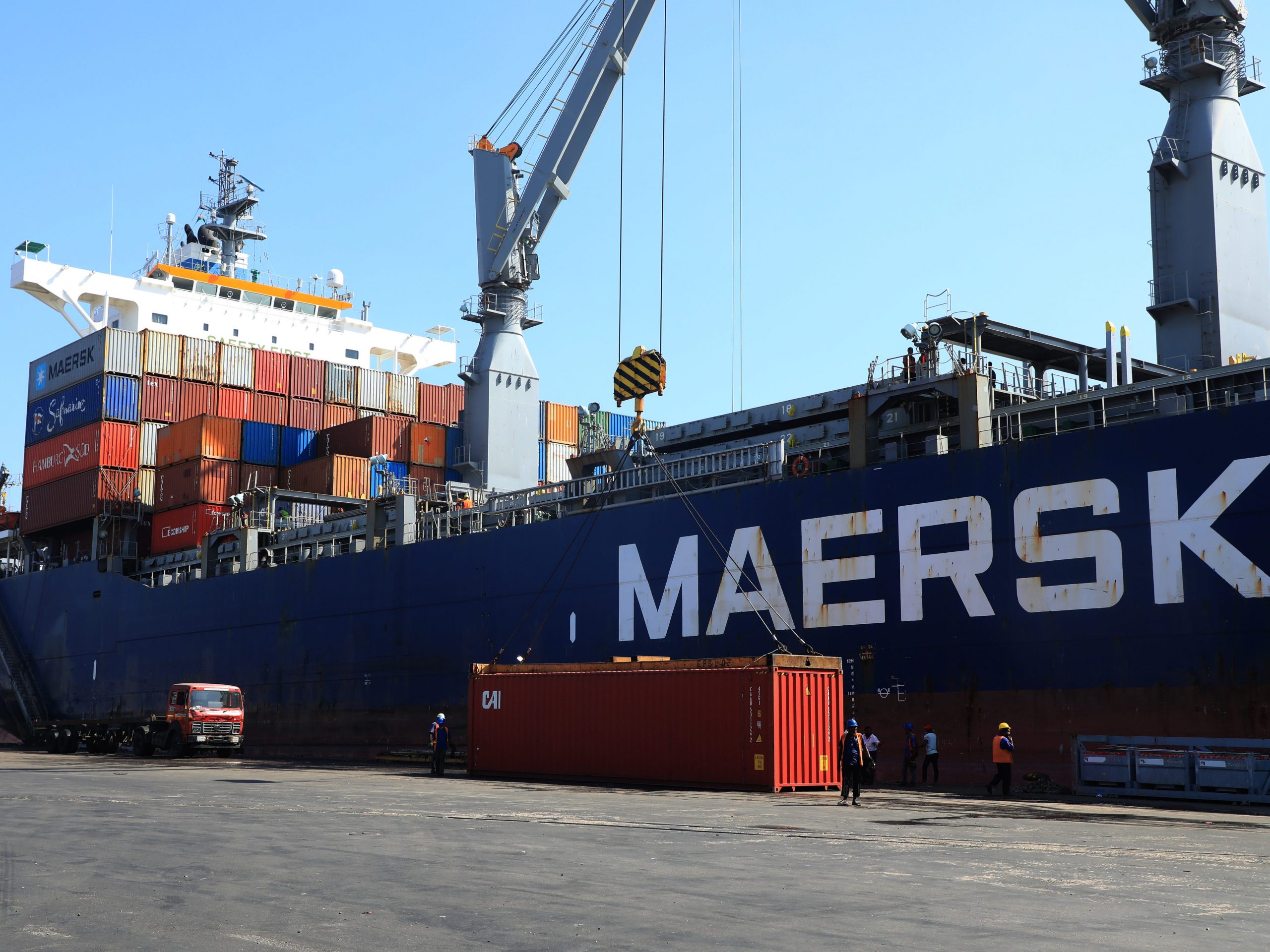 A view of a Maersk ship with containers on top at Chittagong Port. Chittagong Port on the banks of the Karnaphuli river is Bangladesh's main seaport.